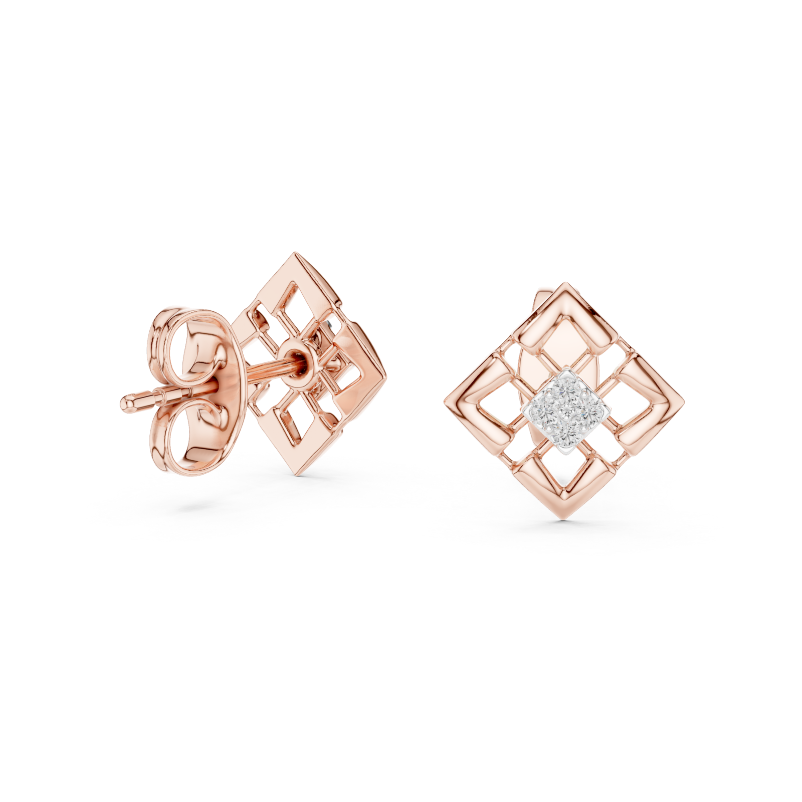  Rose Gold Refined Latticework Modern Stud Earrings Left View