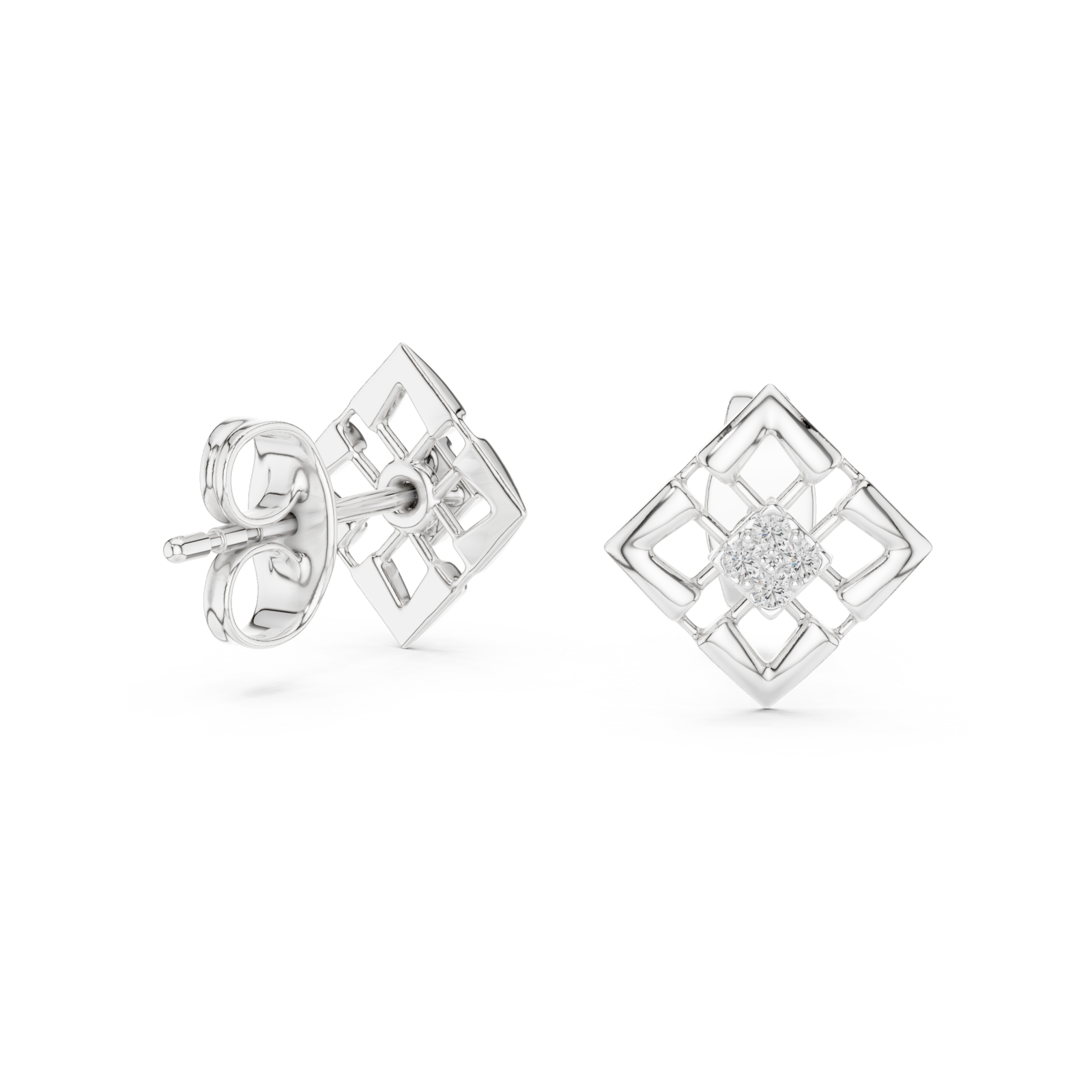  White Gold Refined Latticework Modern Stud Earrings Left View