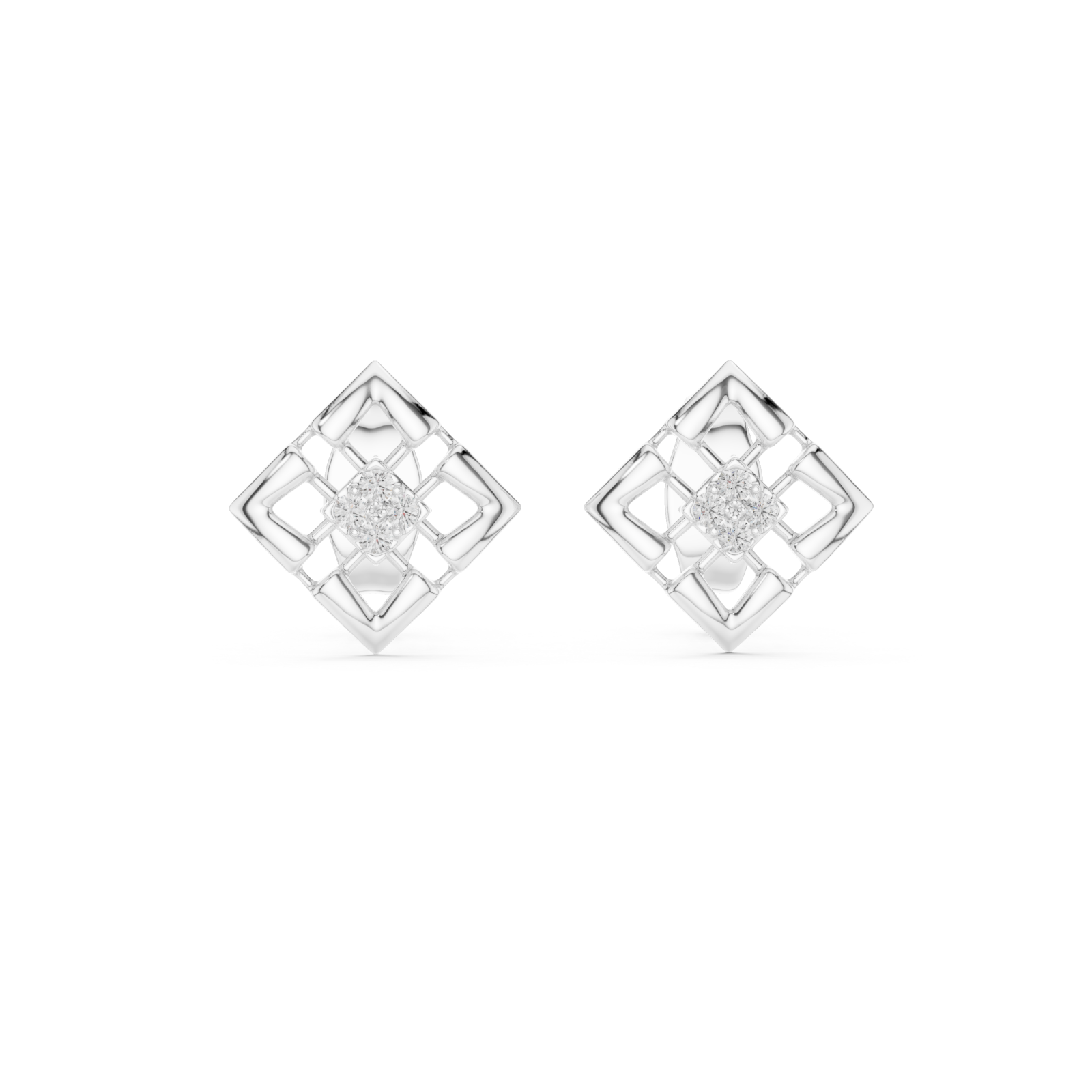  White Gold Refined Latticework Modern Stud Earrings Front View