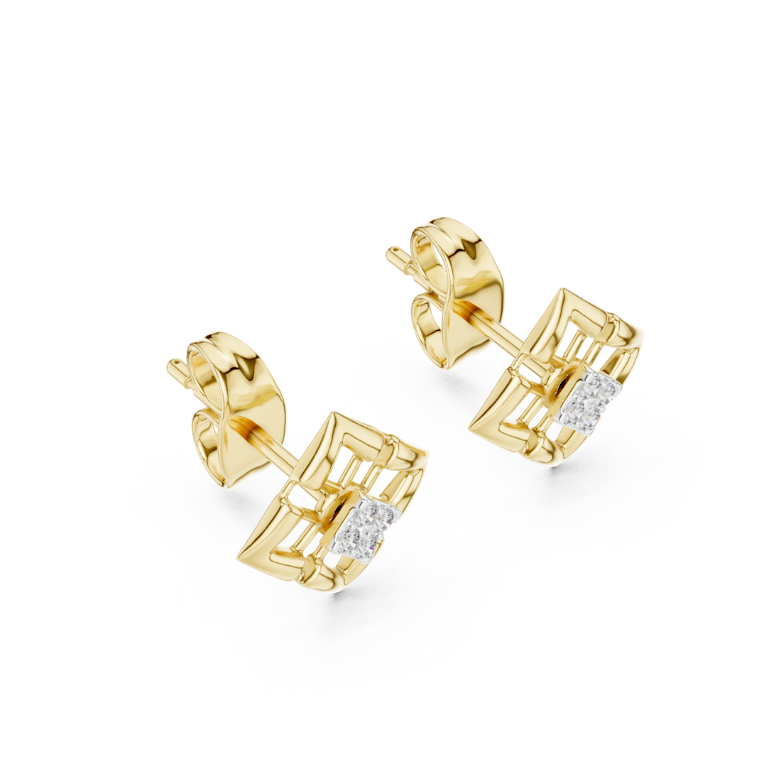  Gold Refined Latticework Modern Stud Earrings Front View