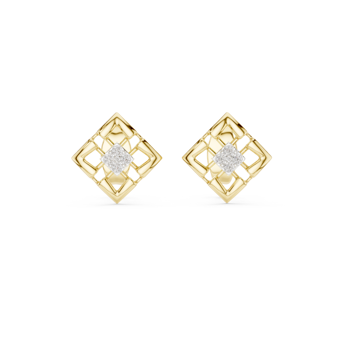  Gold Refined Latticework Modern Stud Earrings Front View