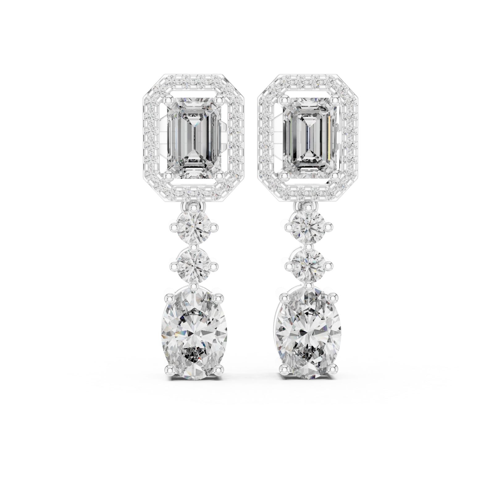  White Gold Radiant Tower Drop Earrings Front View