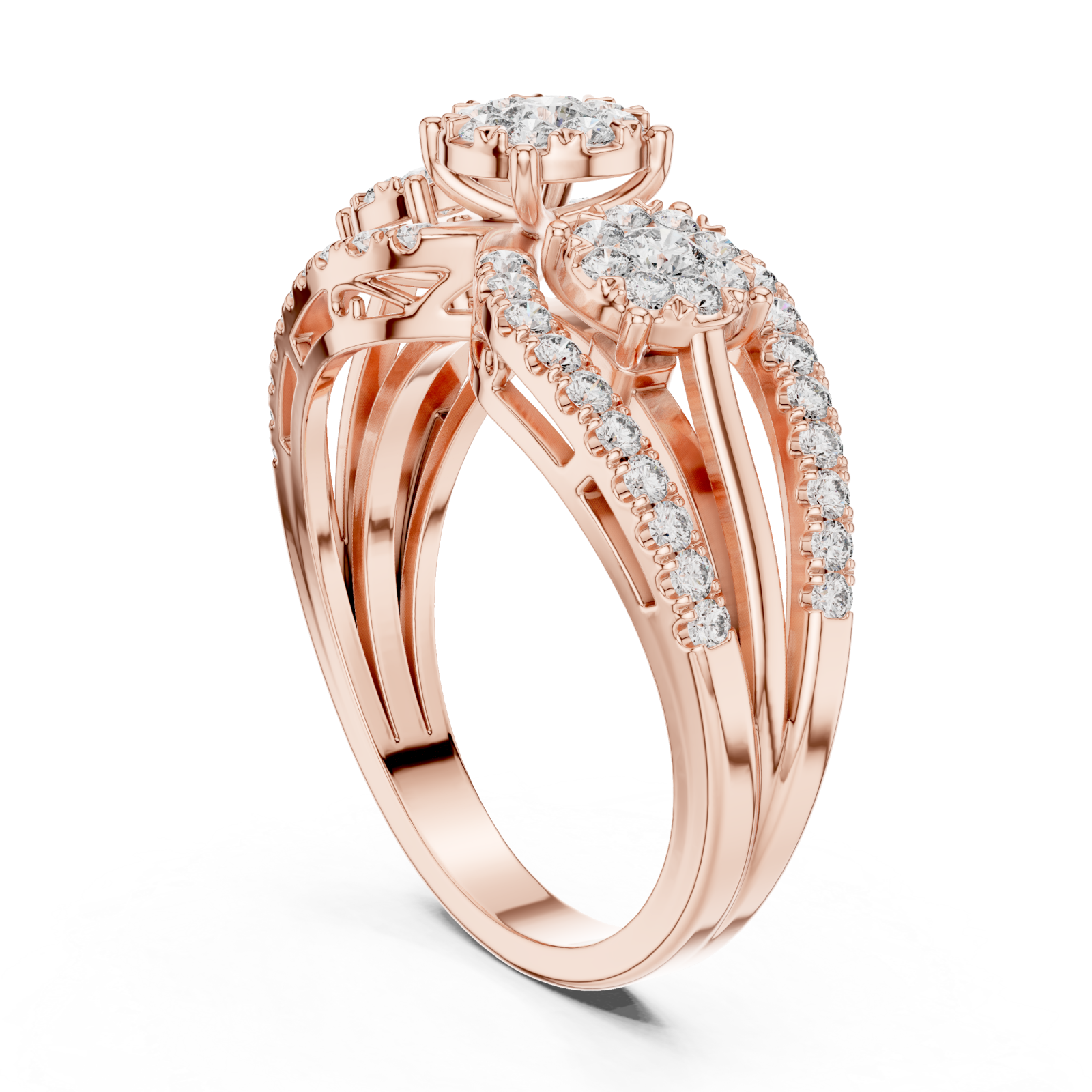  Rose Gold Opulent Three Flower Crown Statement Ring Left View