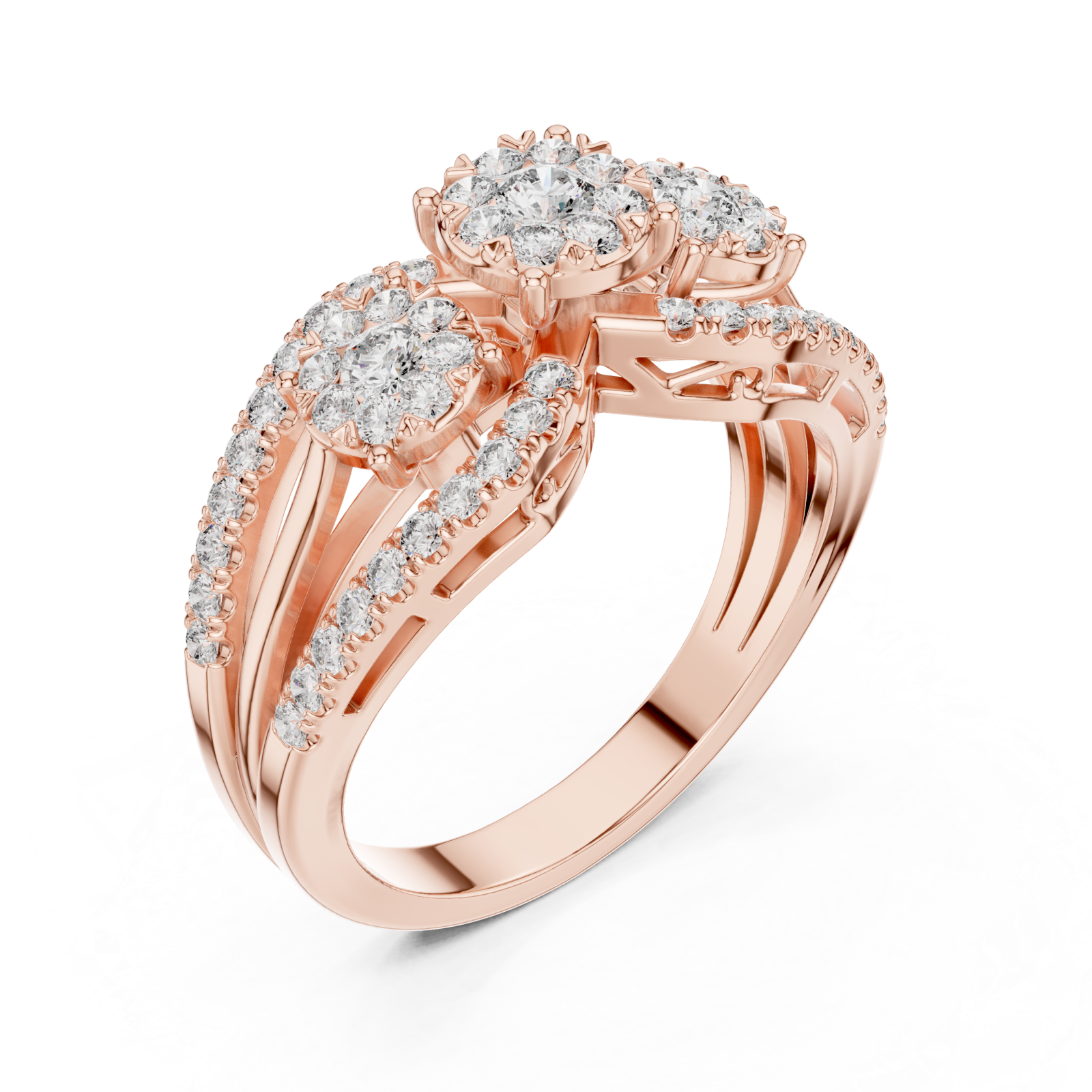  Rose Gold Opulent Three Flower Crown Statement Ring Right View