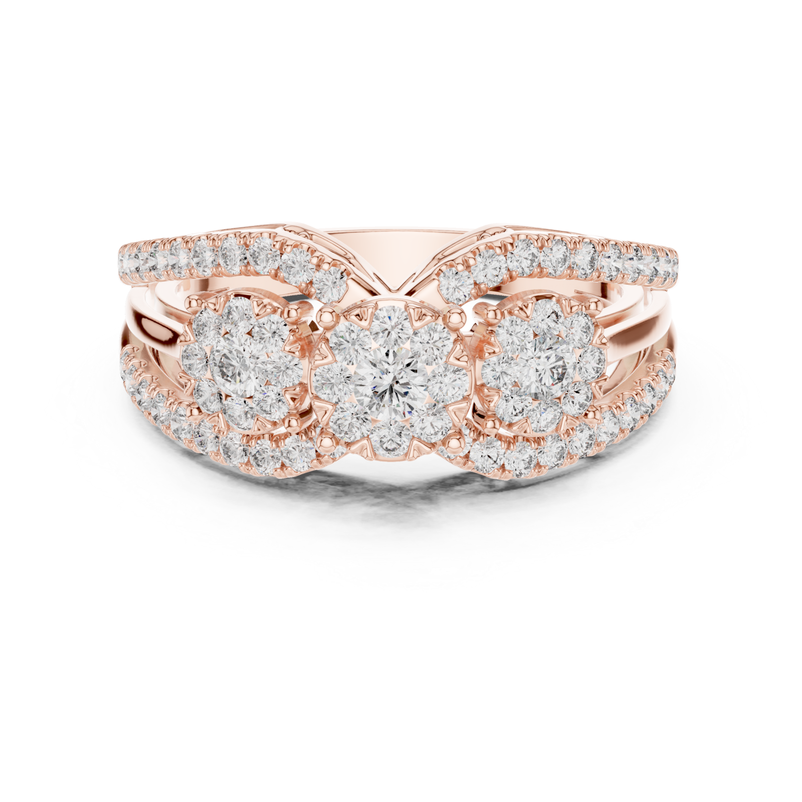  Rose Gold Opulent Three Flower Crown Statement Ring Front View