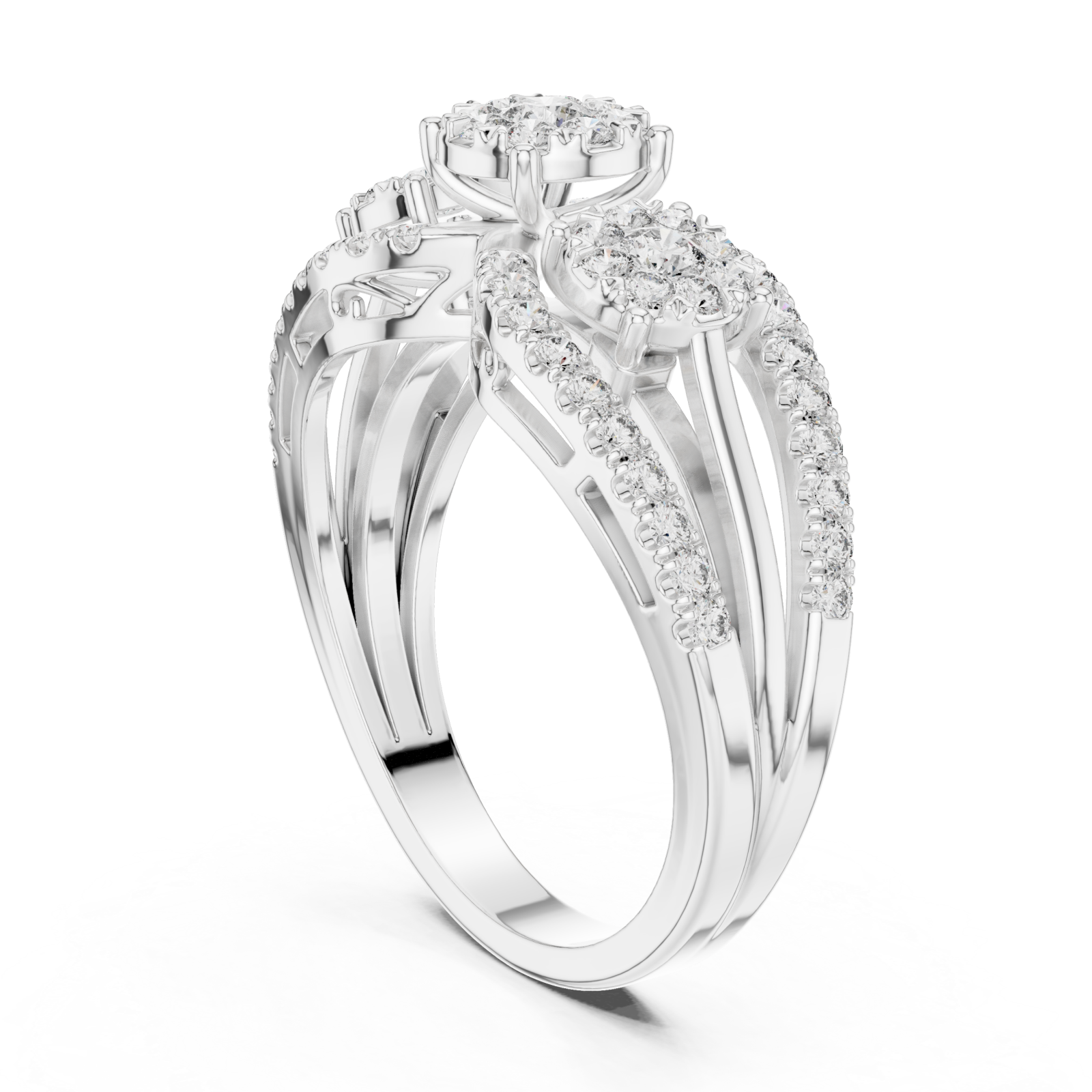  White Gold Opulent Three Flower Crown Statement Ring Left View