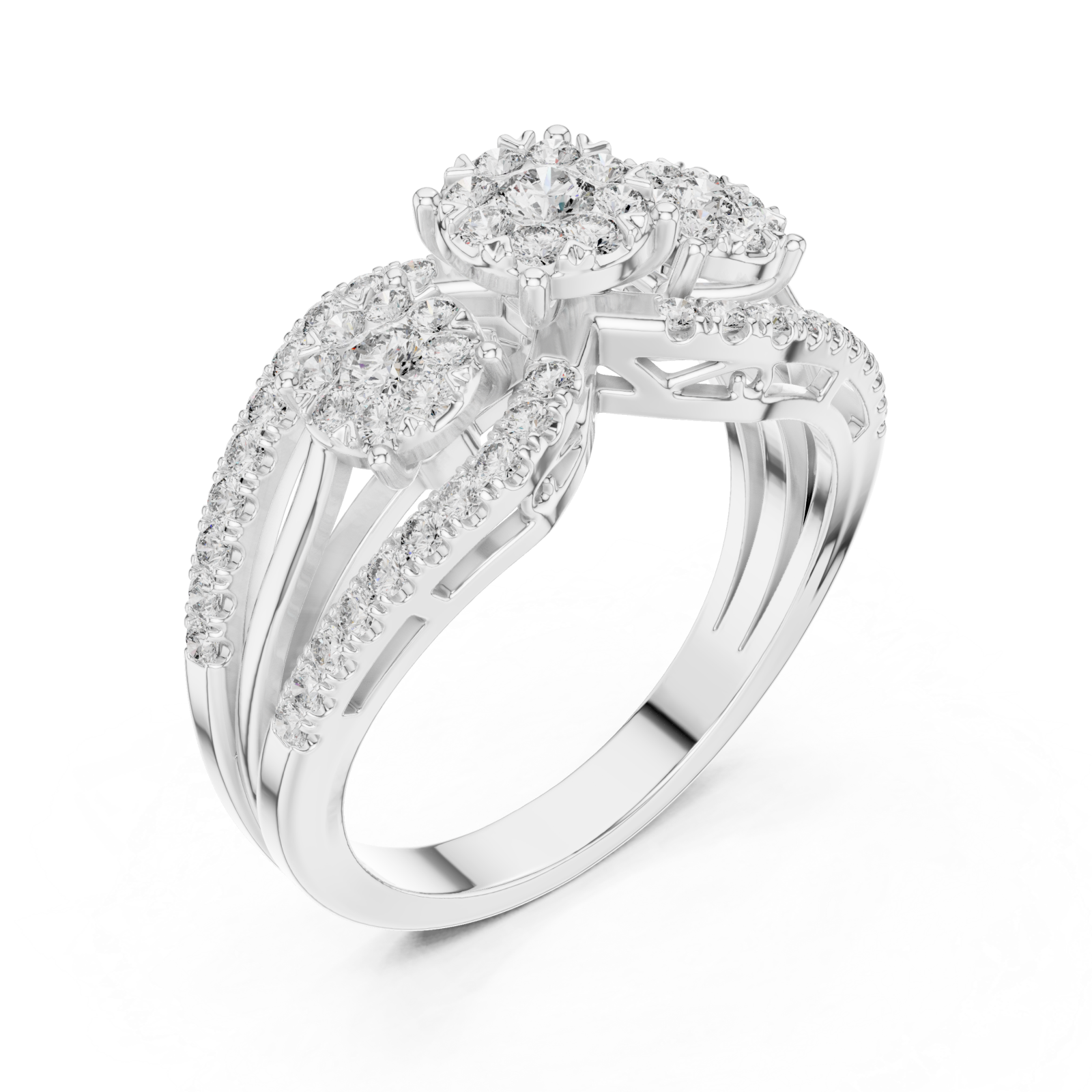  White Gold Opulent Three Flower Crown Statement Ring Right View