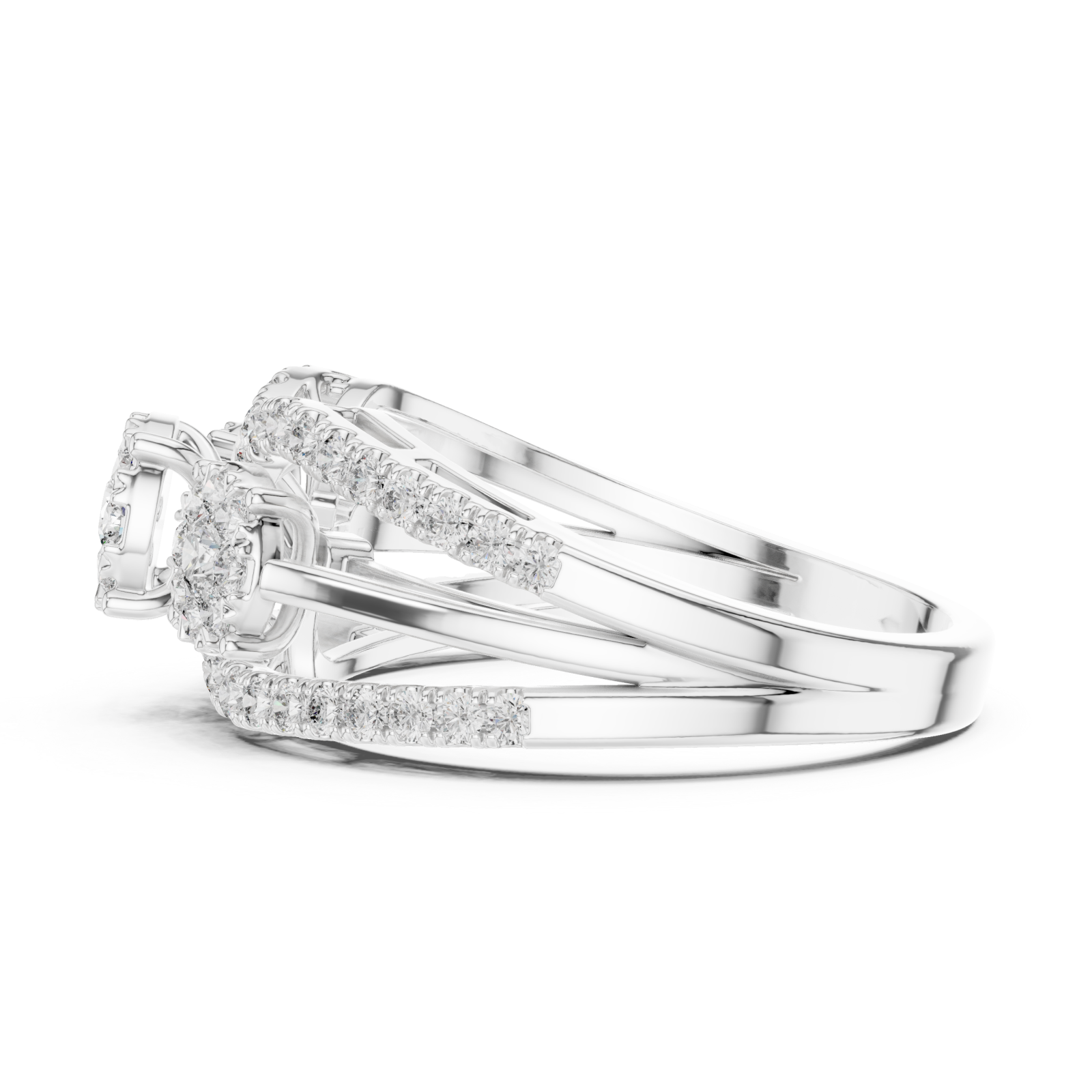  White Gold Opulent Three Flower Crown Statement Ring Side View