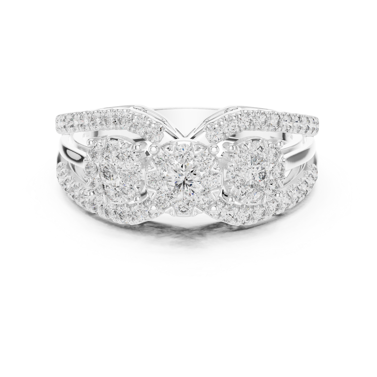  White Gold Opulent Three Flower Crown Statement Ring Front View