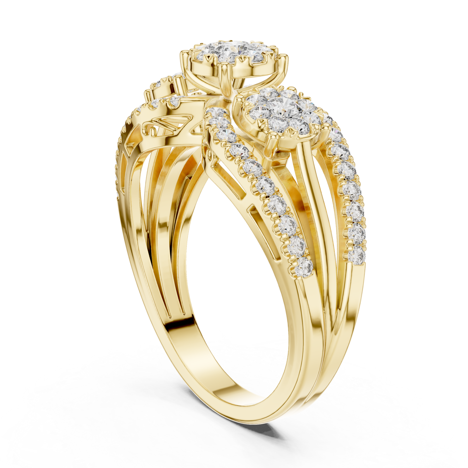  Gold Opulent Three Flower Crown Statement Ring Left View