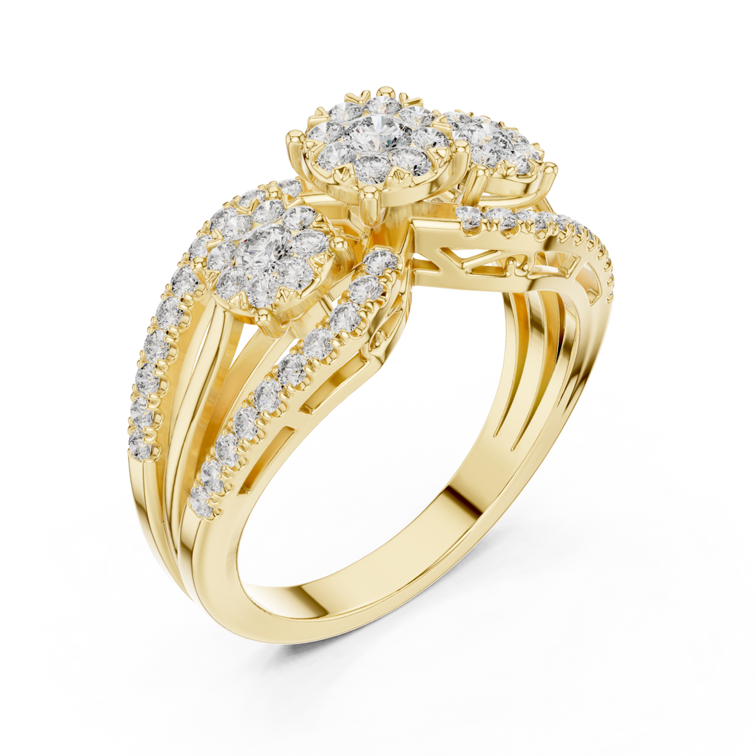Gold Opulent Three Flower Crown Statement Ring Right View