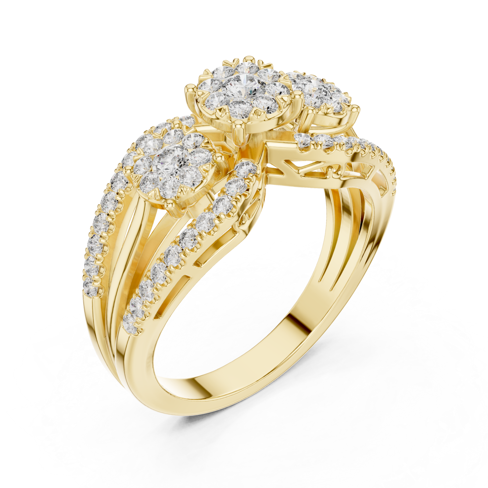 Gold Opulent Three Flower Crown Statement Ring Right View