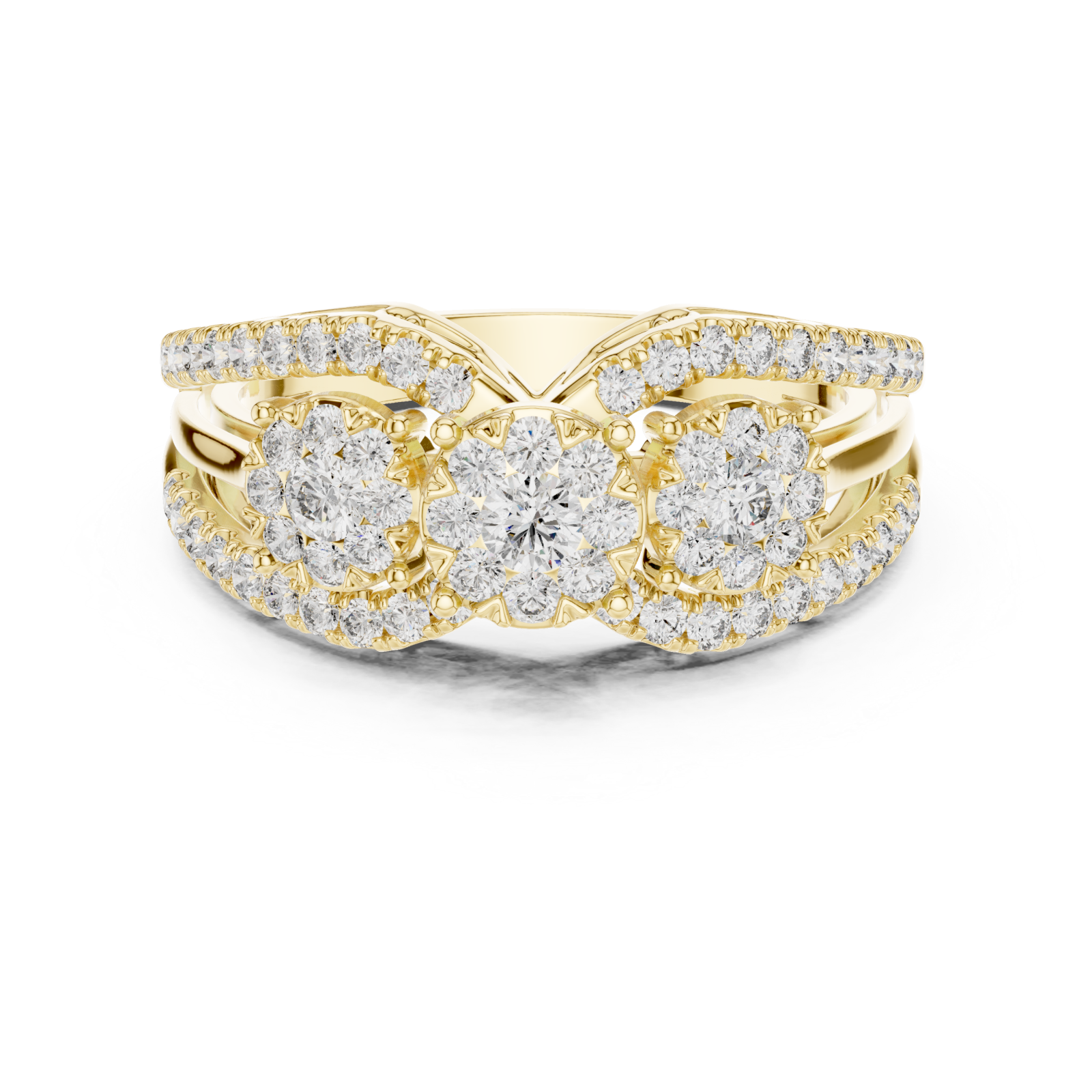  Gold Opulent Three Flower Crown Statement Ring Front View