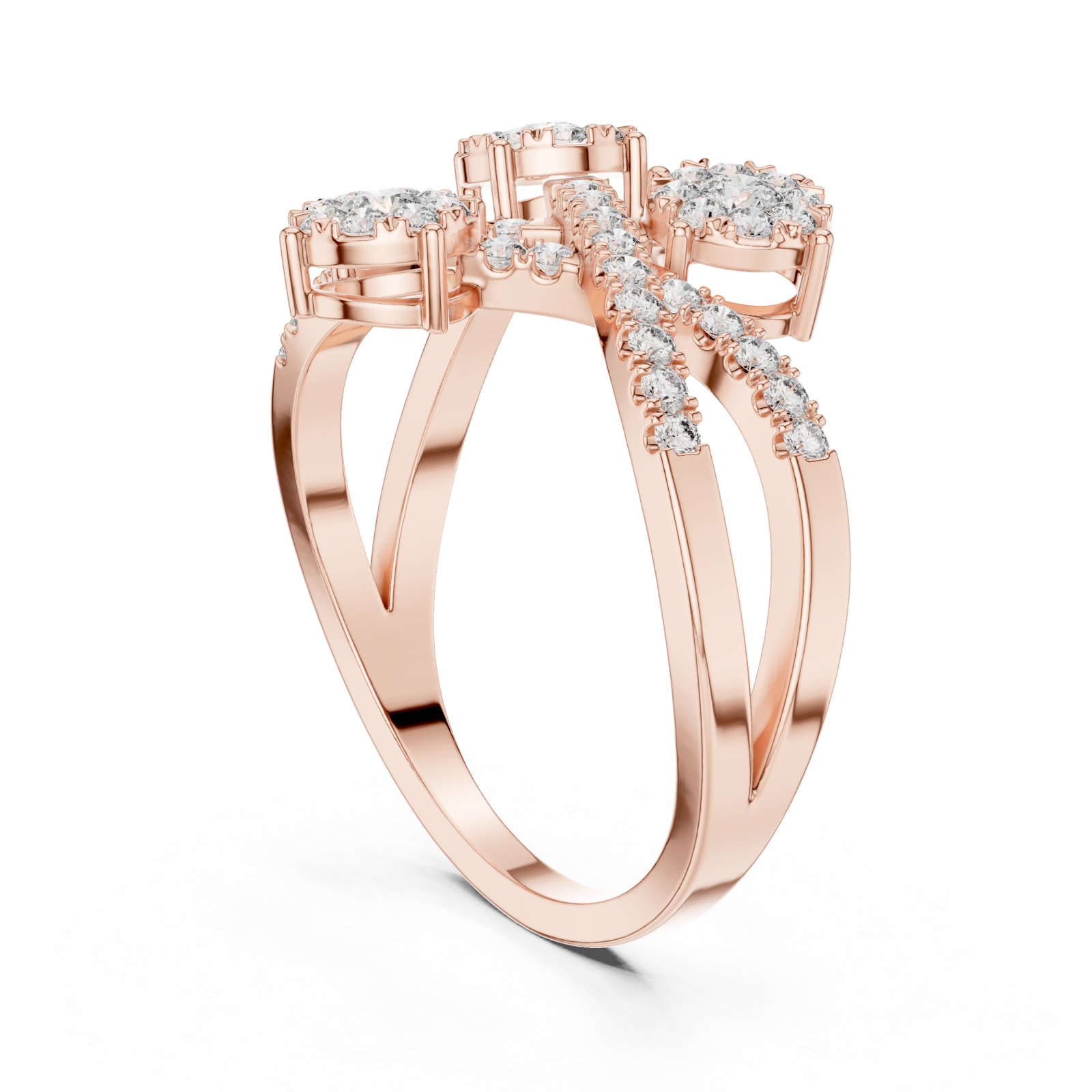  Rose Gold Celestial Embrace Three Flower Crossover Ring Left View