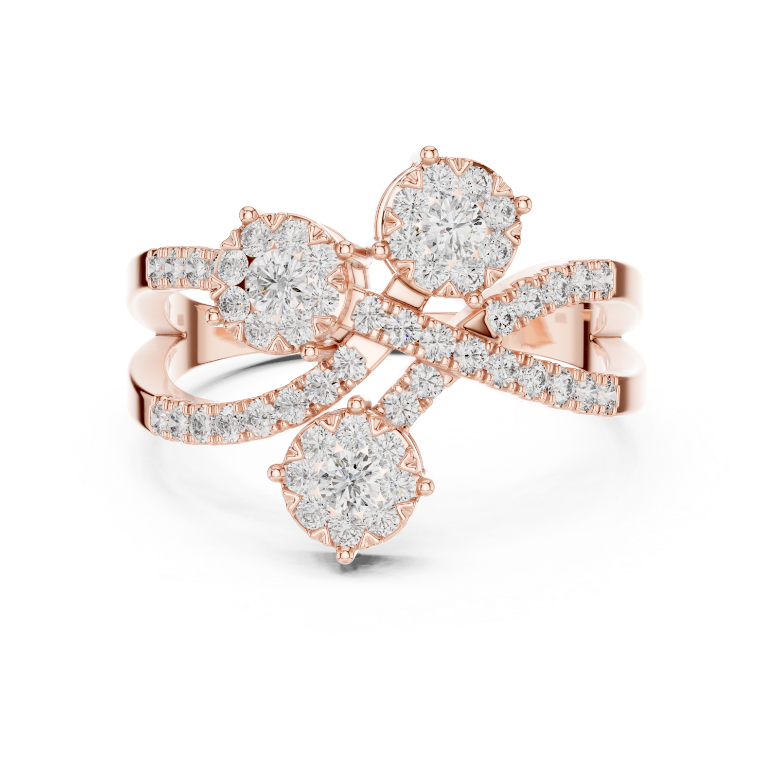  Rose Gold Celestial Embrace Three Flower Crossover Ring Front View