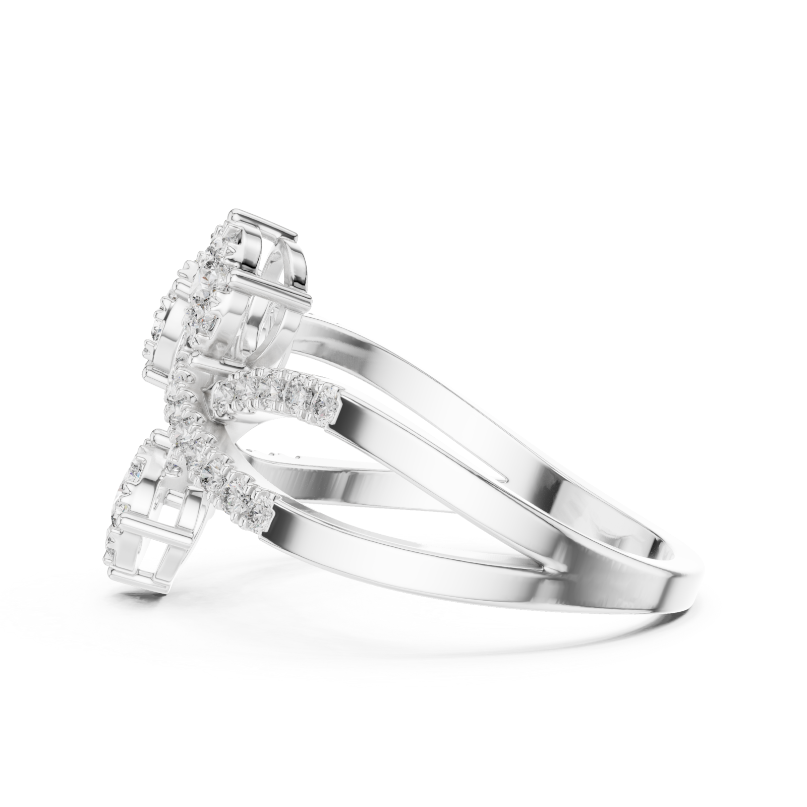  White Gold Celestial Embrace Three Flower Crossover Ring Side View