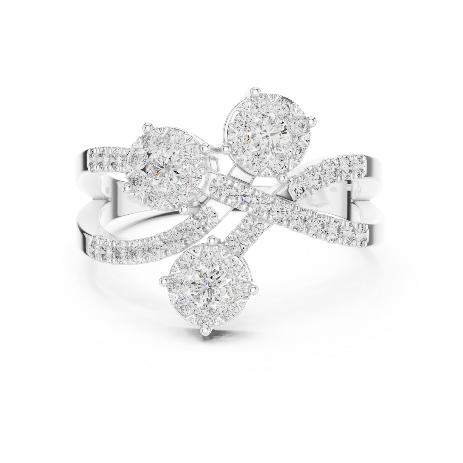  White Gold Celestial Embrace Three Flower Crossover Ring Front View