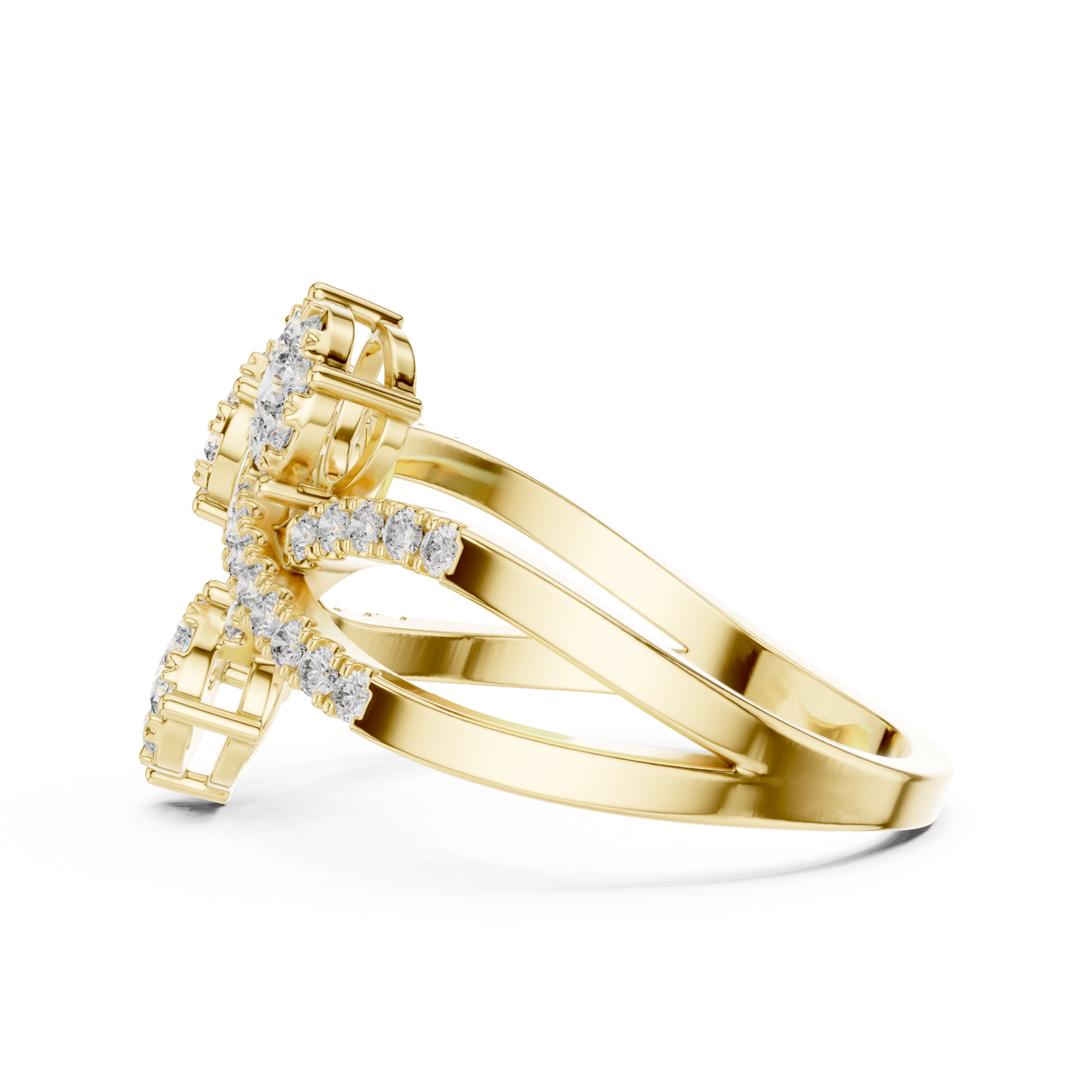  Gold Celestial Embrace Three Flower Crossover Ring Side View