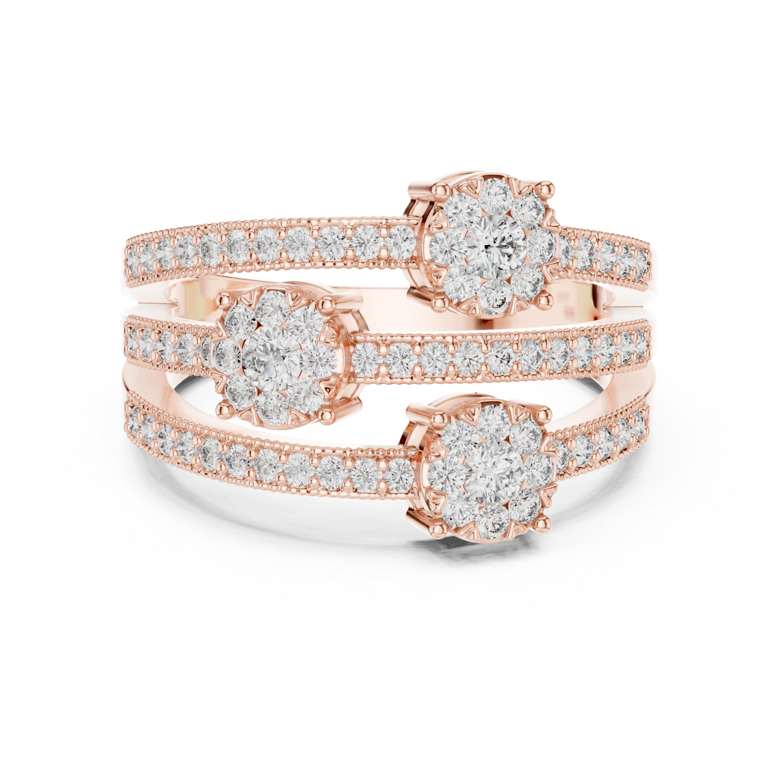  Rose Gold Glistening Petal Cluster Statement Ring Front View
