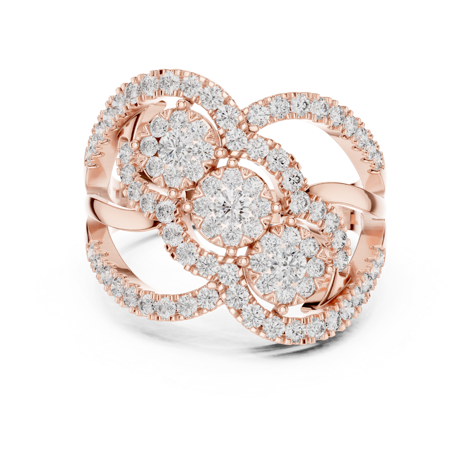  Rose Gold Blooming Cascade Three Band Ring Front View