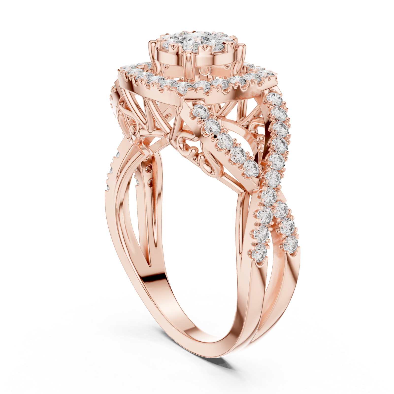  Rose Gold Celestia Halo Grand Heritage Cocktail Ring Left View