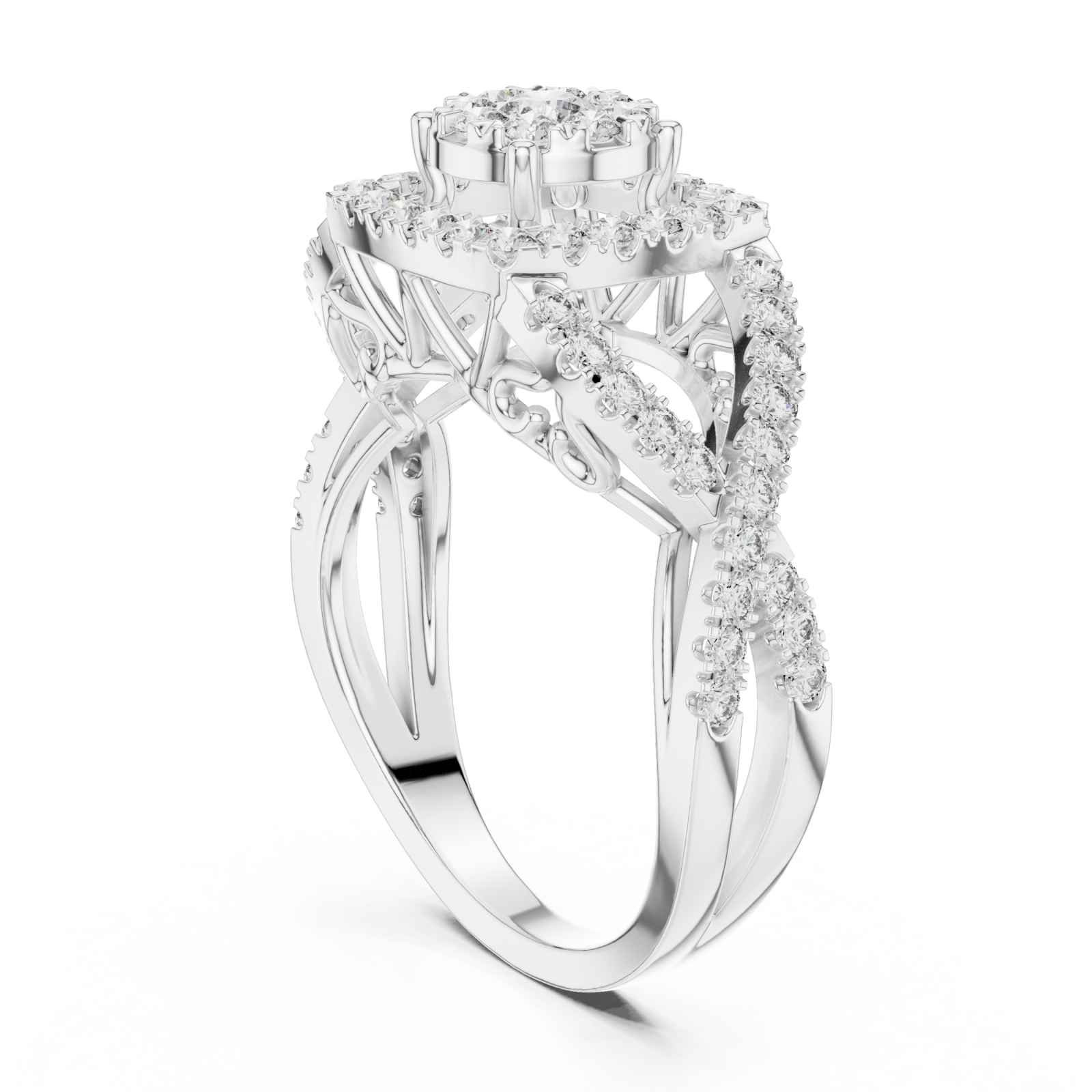  White Gold Celestia Halo Grand Heritage Cocktail Ring Left View