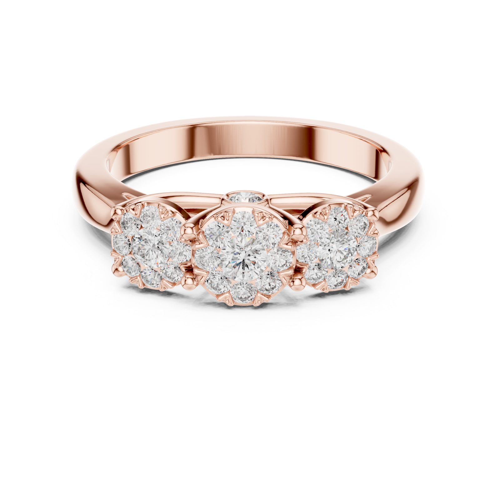  Rose Gold Dewdrop Graceful Triple Floral Ensemble Ring Front View