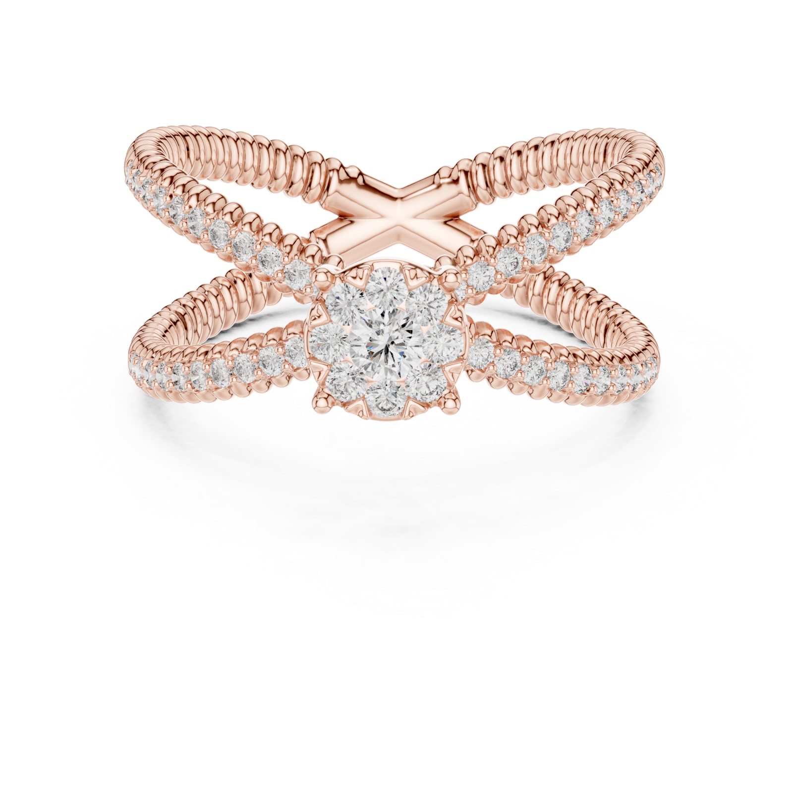  Rose Gold Radiant Crossing Spiral Aura Ring Front View