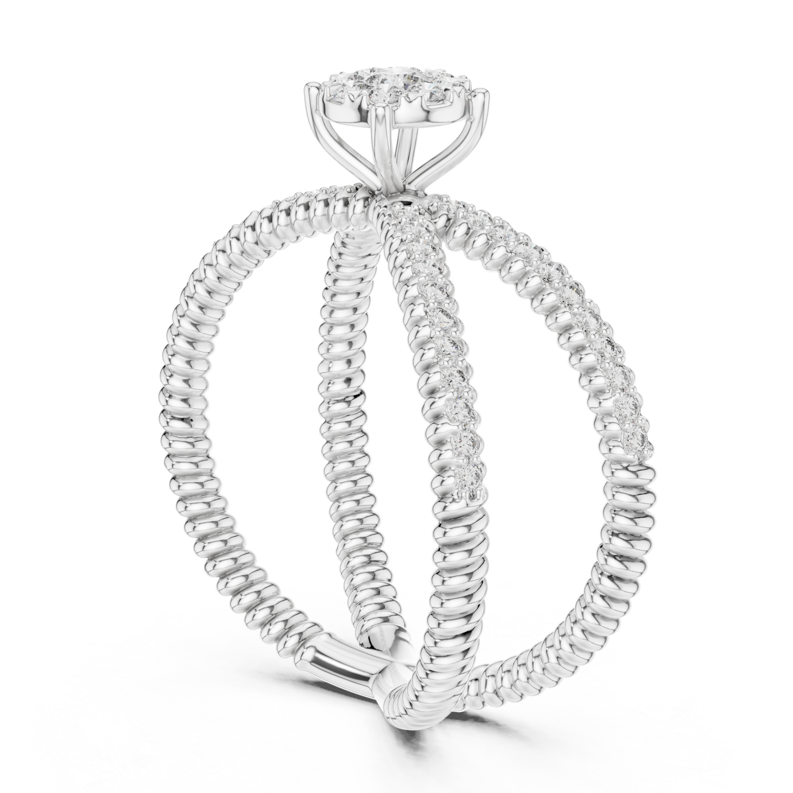  White Gold Radiant Crossing Spiral Aura Ring Left View