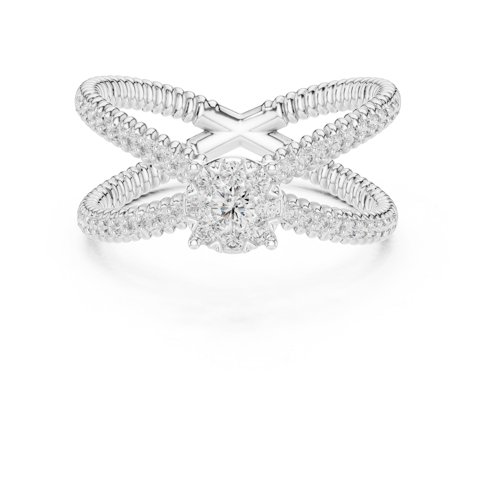  White Gold Radiant Crossing Spiral Aura Ring Front View