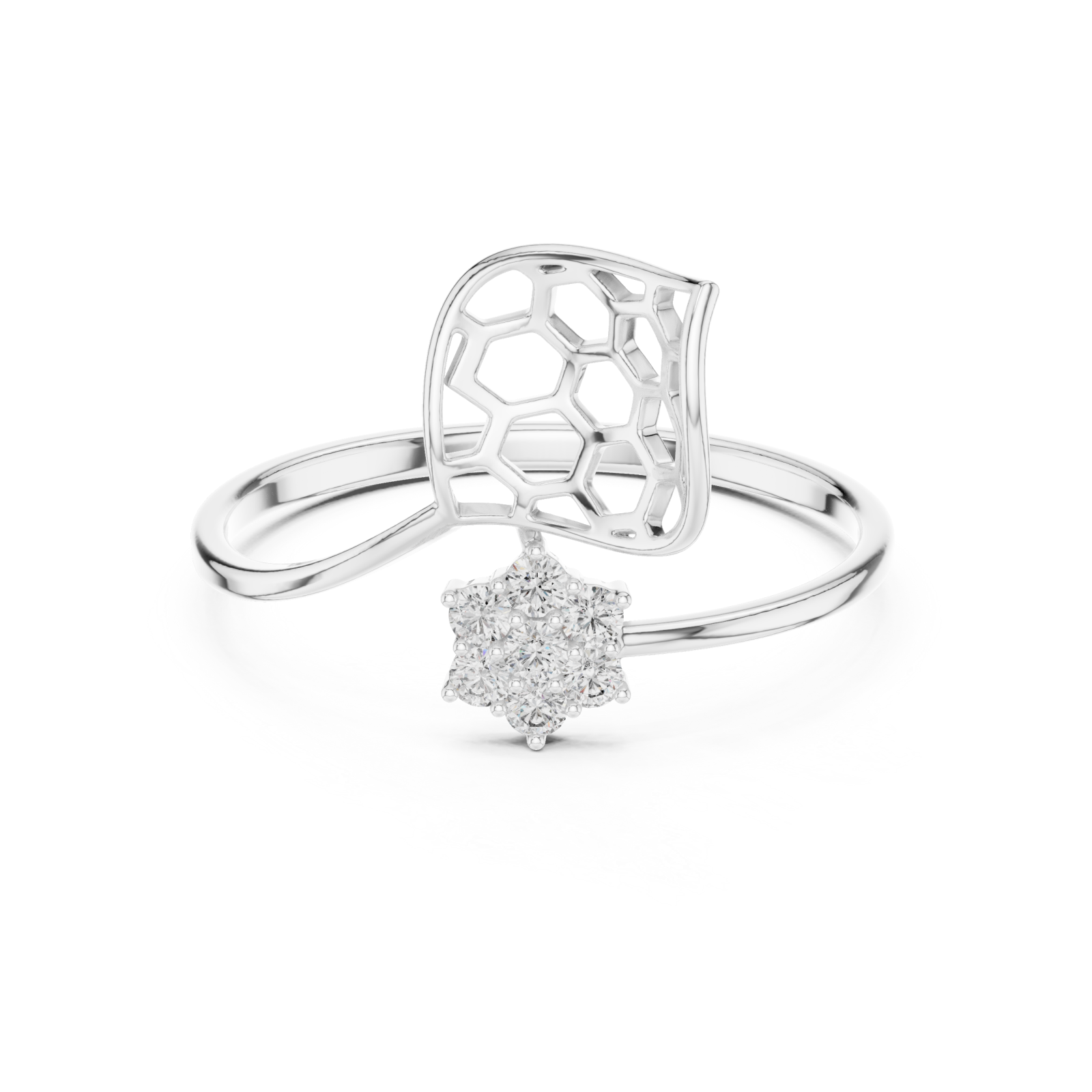 White Gold Delicate Open Petal Motif Ring Front View