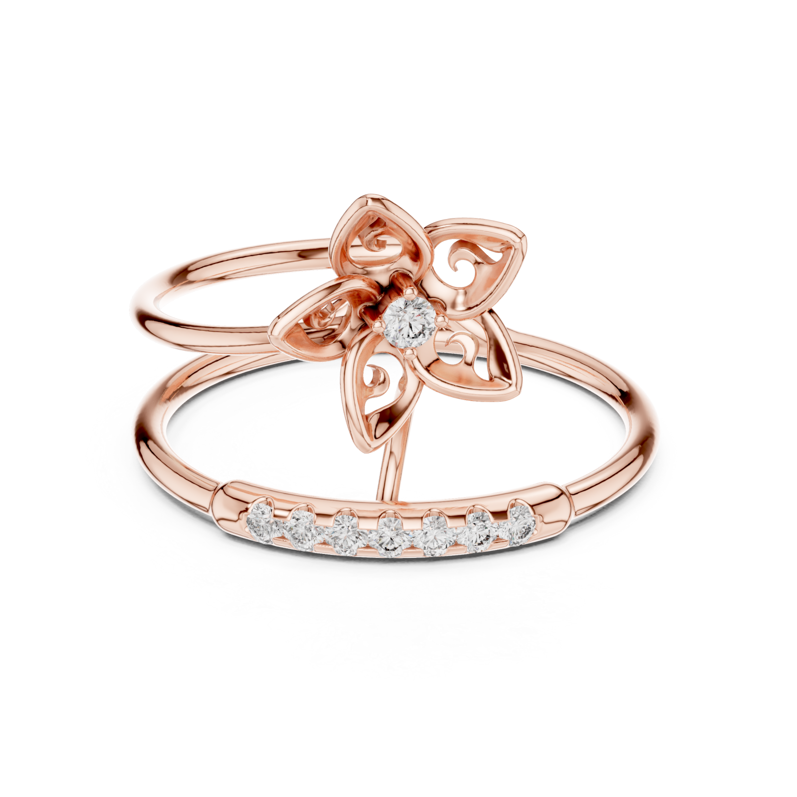  Rose Gold Petal Embrace Twin Band Ring Front View