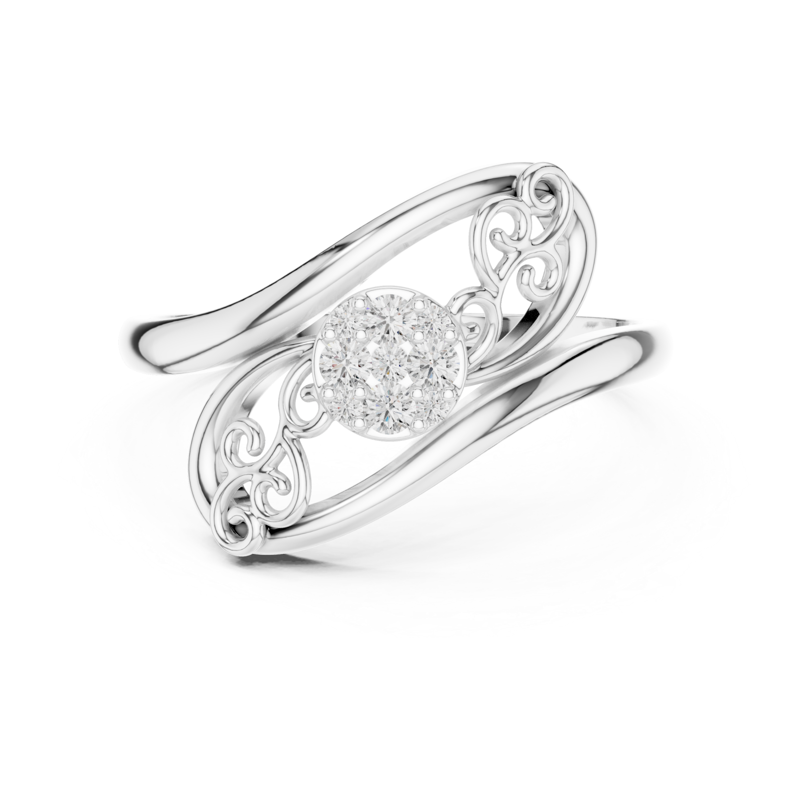  White Gold Eternal Grace Swirl Floral Cluster Ring Front View
