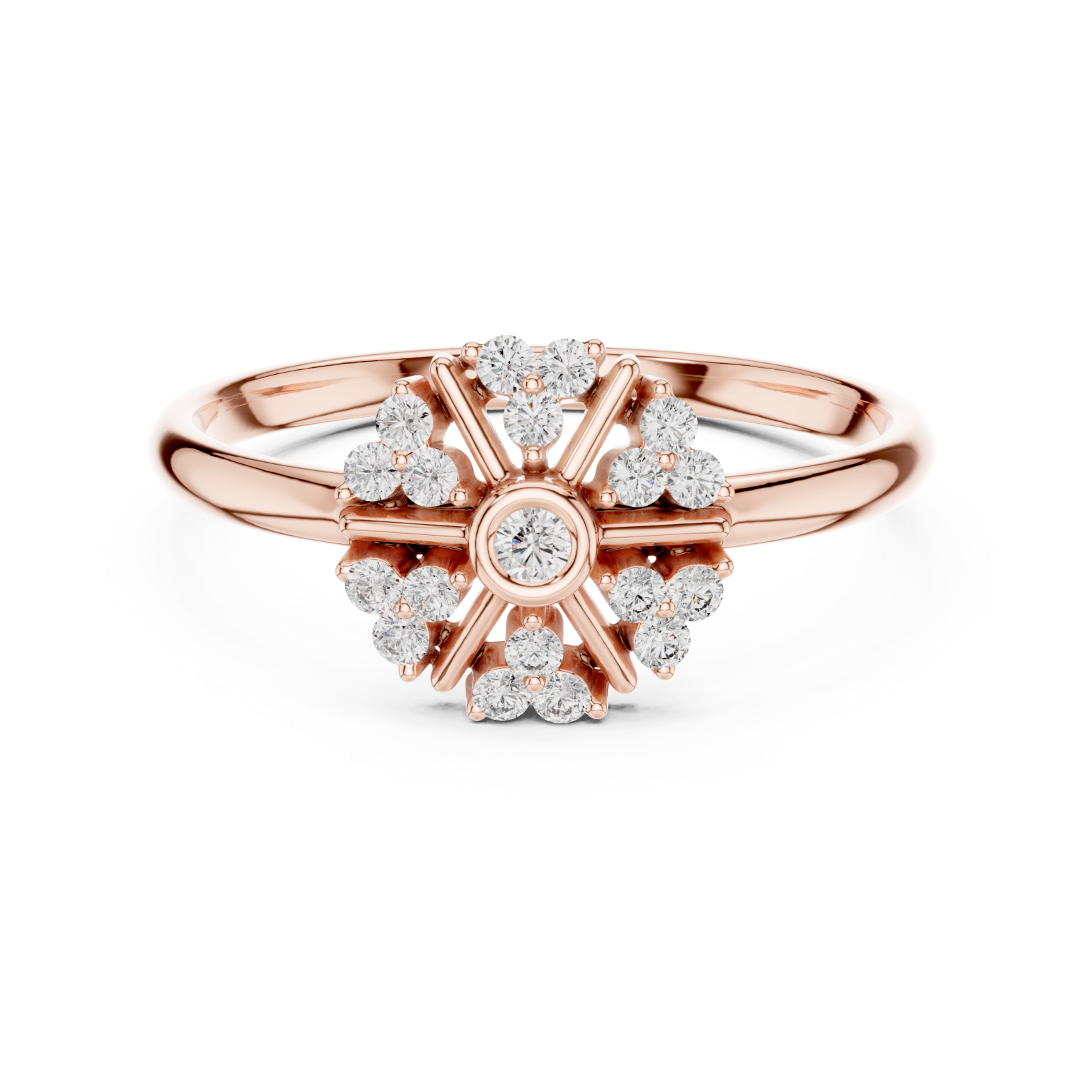  Rose Gold Celestial Blossom Round Halo Ring Front View