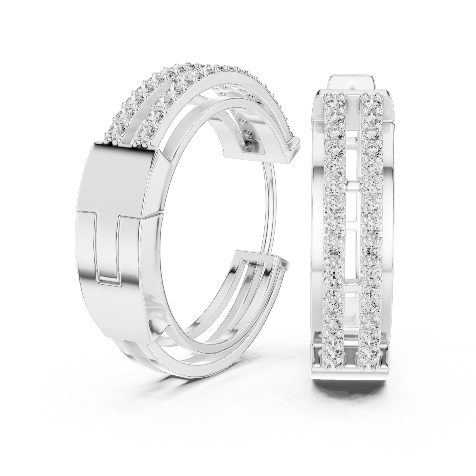  White Gold Elegant Triple Band Radiance Hoops Left View