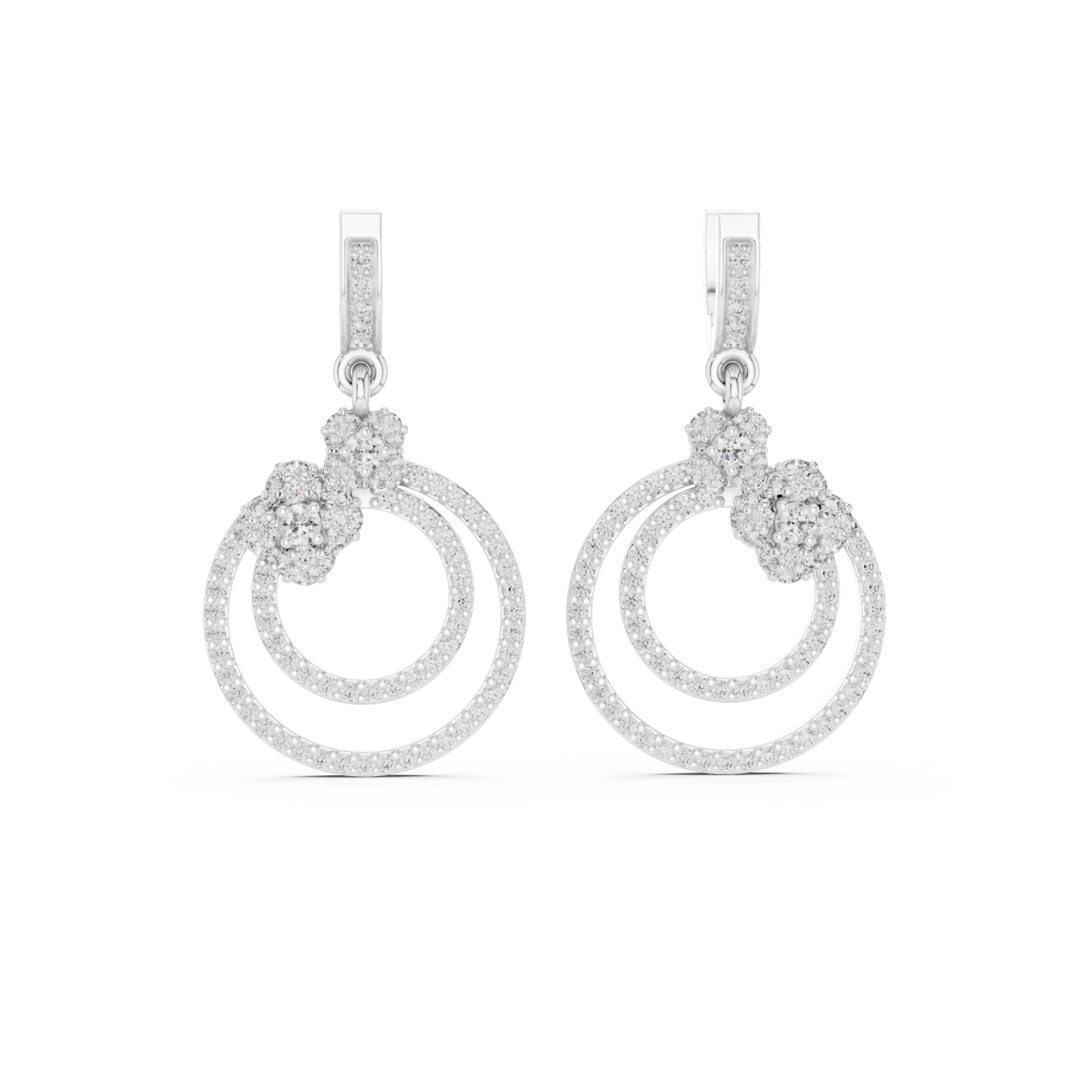  White Gold Starlit Embrace Double Loop Ornate Earrings Front View