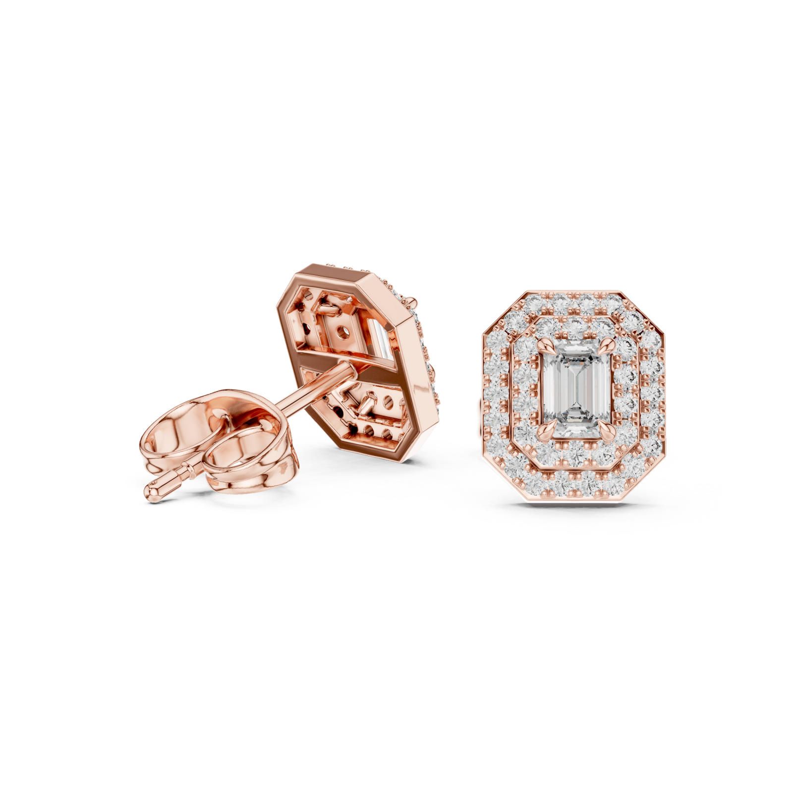  Rose Gold Dazzling Double Halo Geometric Elegance Earrings Left View