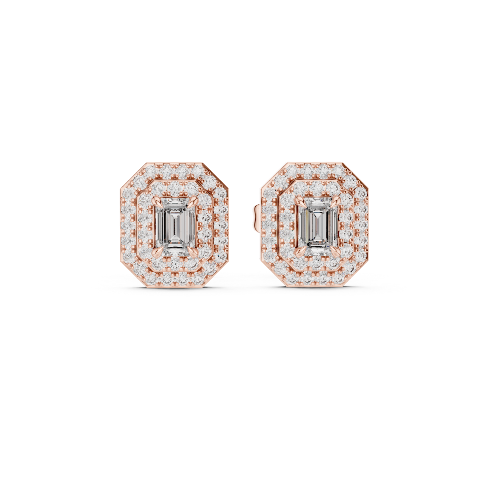 Rose Gold Dazzling Double Halo Geometric Elegance Earrings Front View