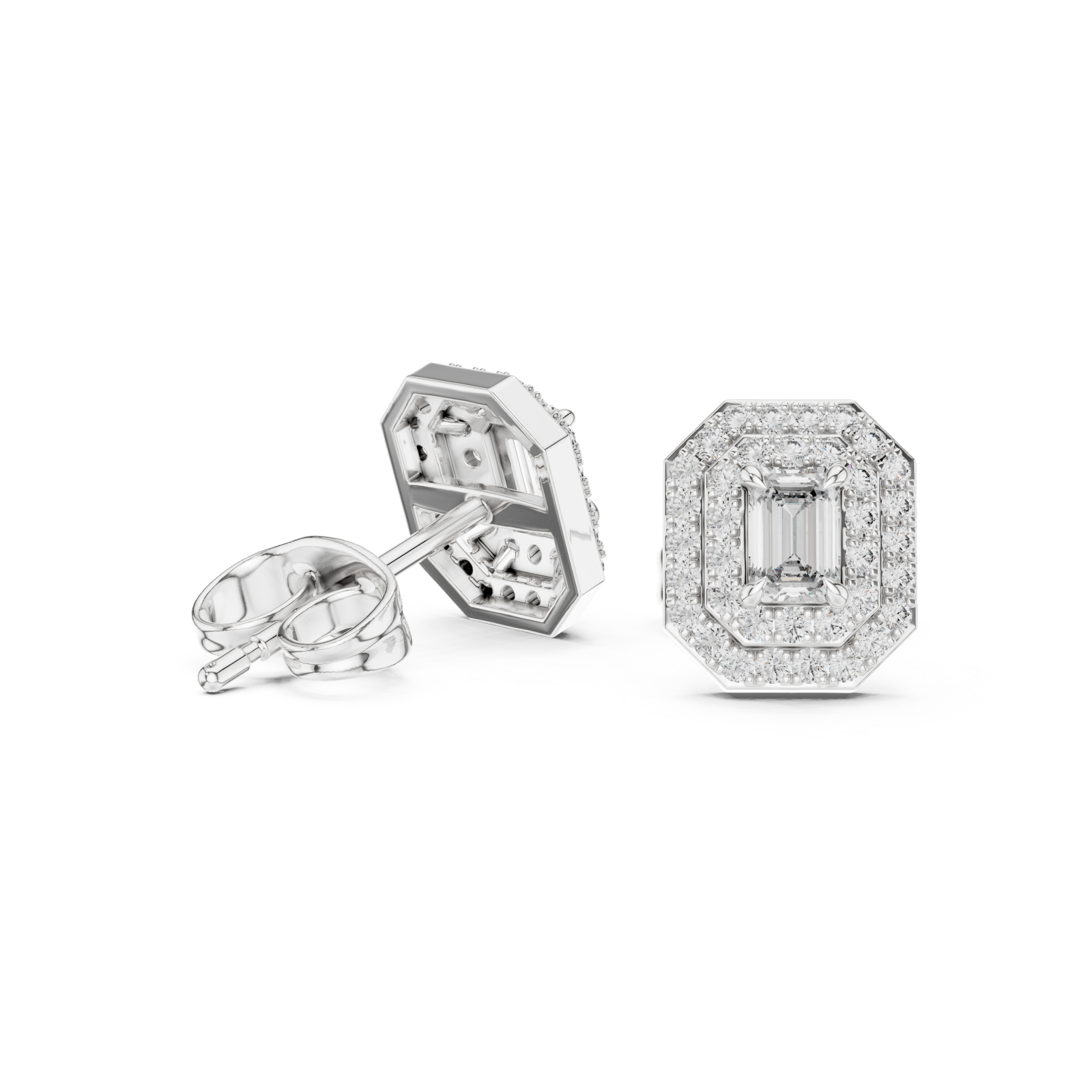  White Gold Dazzling Double Halo Geometric Elegance Earrings Left View