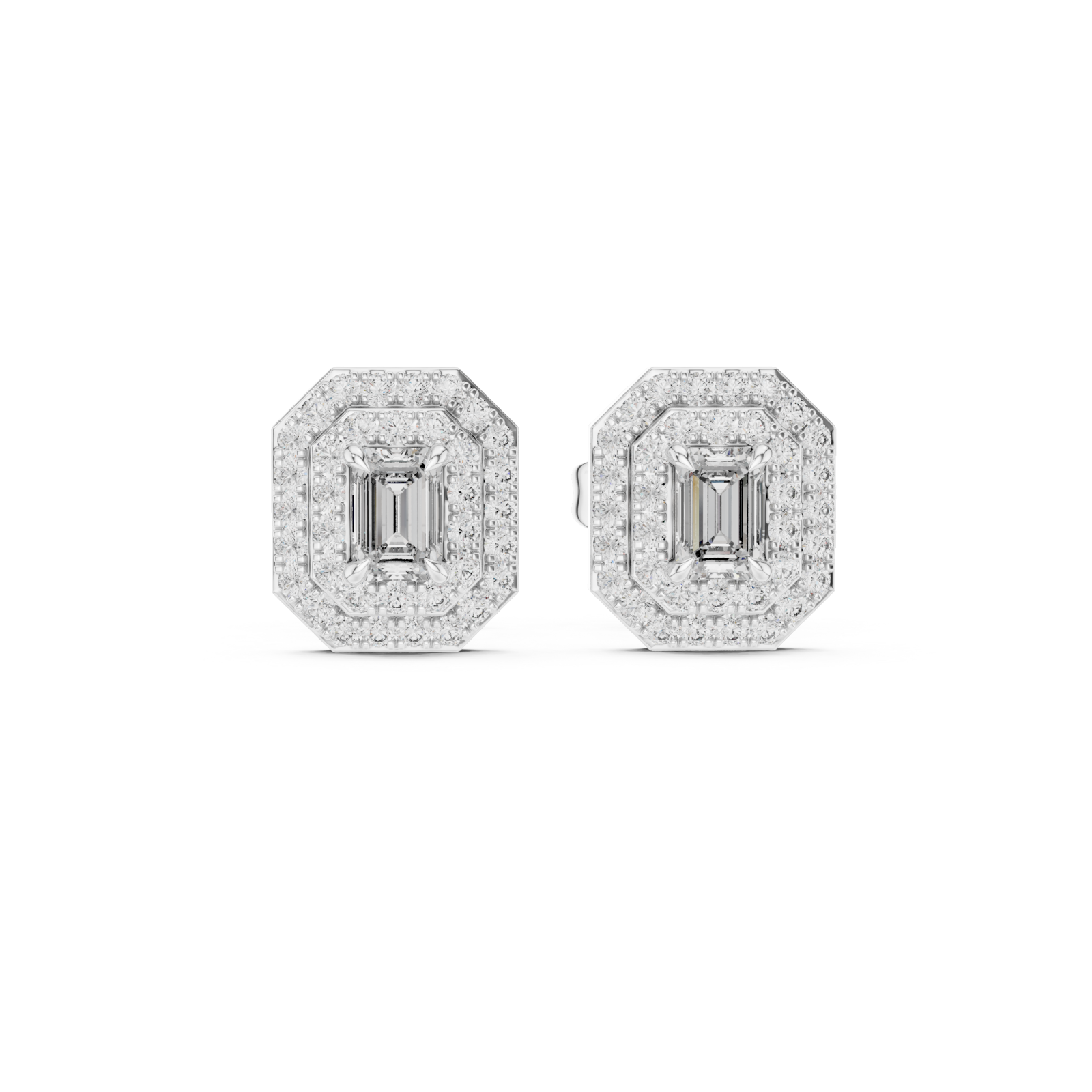  White Gold Dazzling Double Halo Geometric Elegance Earrings Front View