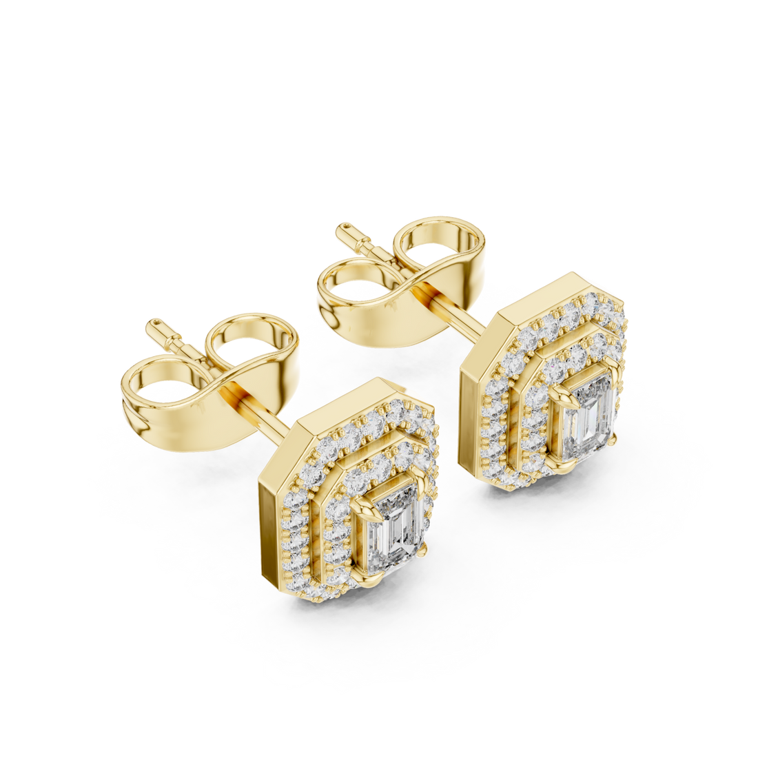 Gold Dazzling Double Halo Geometric Elegance Earrings Right View