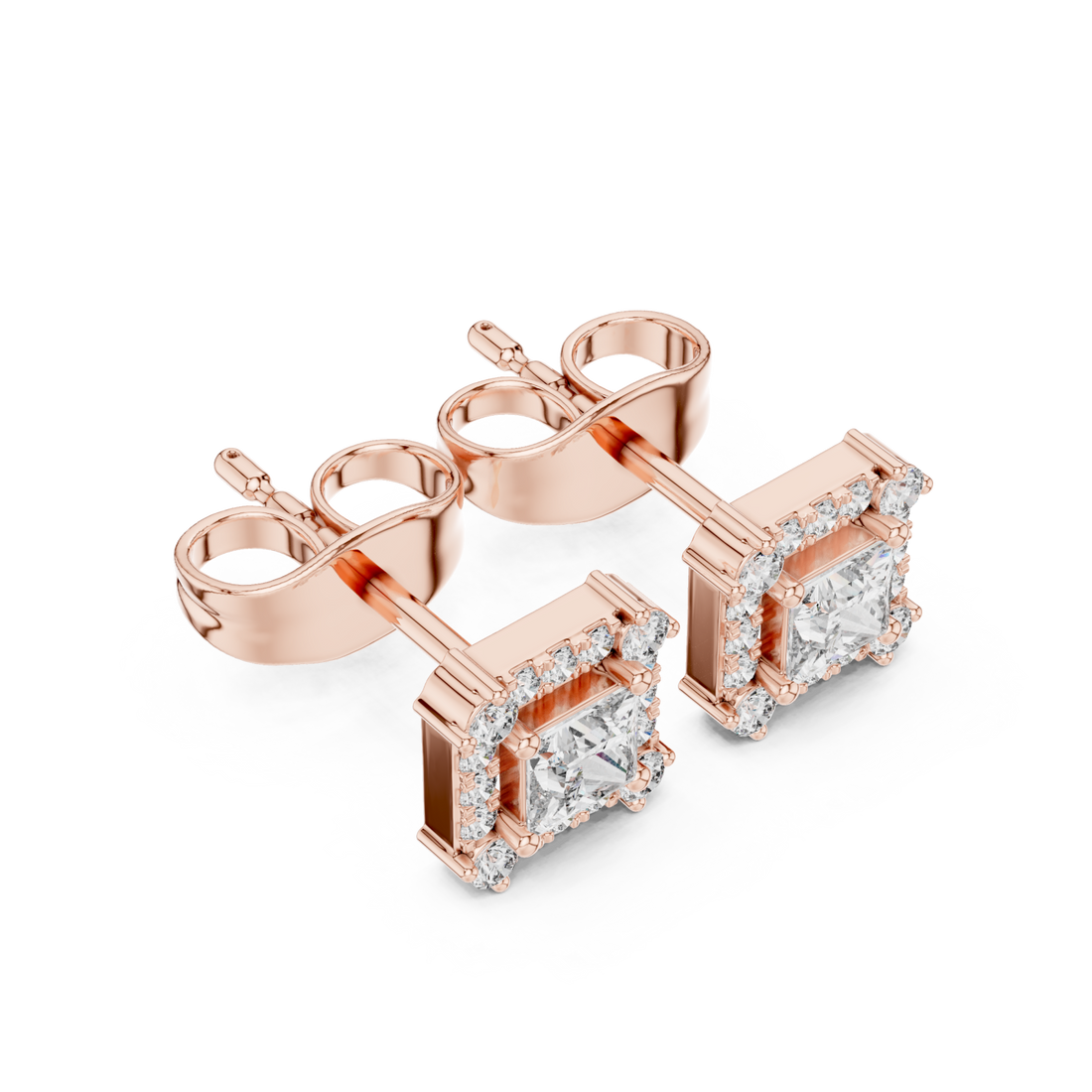  Rose Gold Radiant Halo Stud Princess Earrings Right View