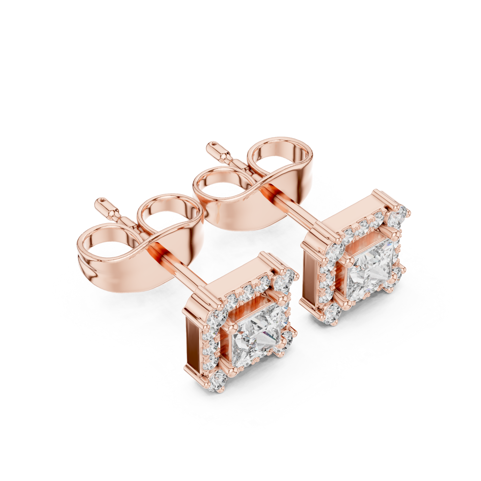  Rose Gold Radiant Halo Stud Princess Earrings Right View