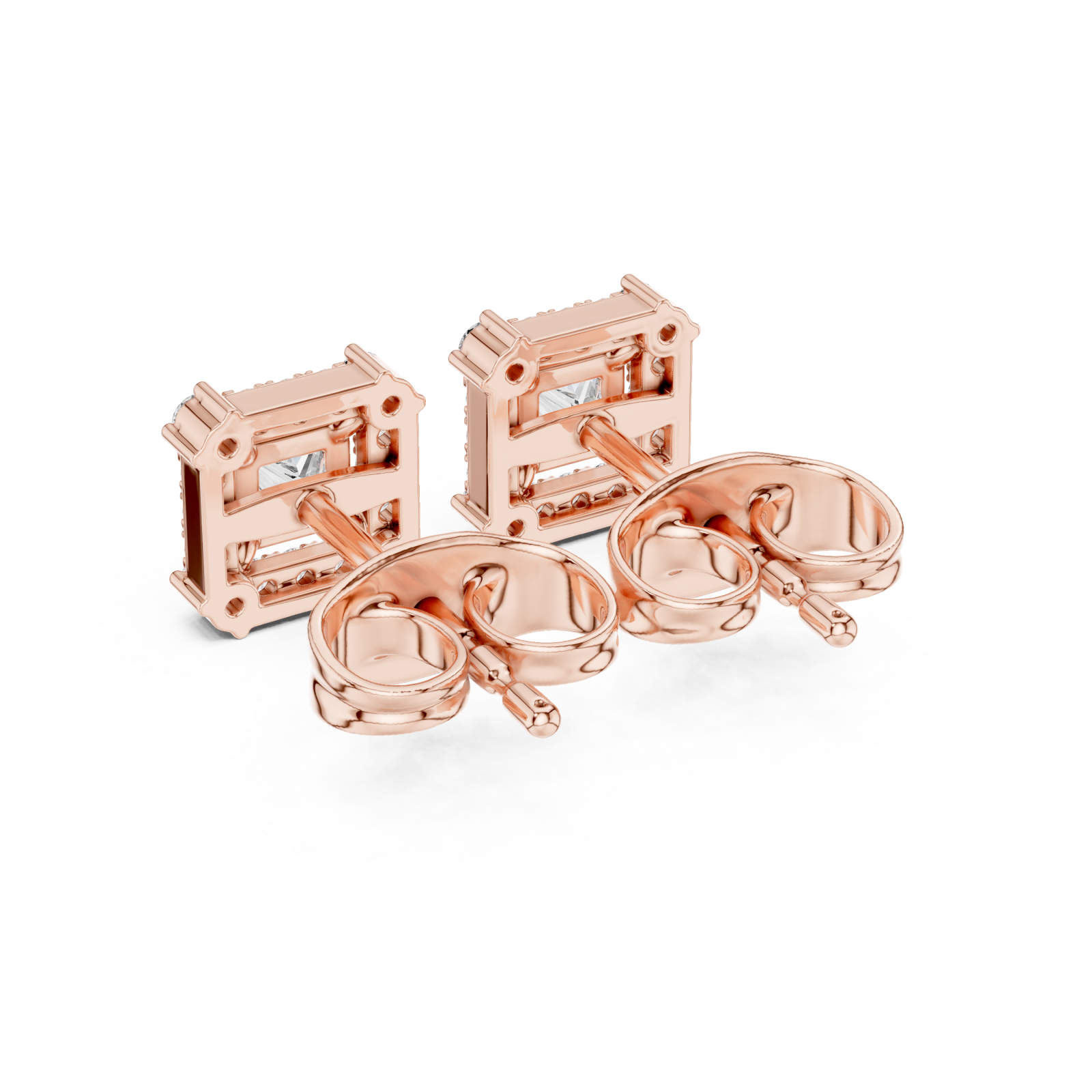  Rose Gold Radiant Halo Stud Princess Earrings Side View