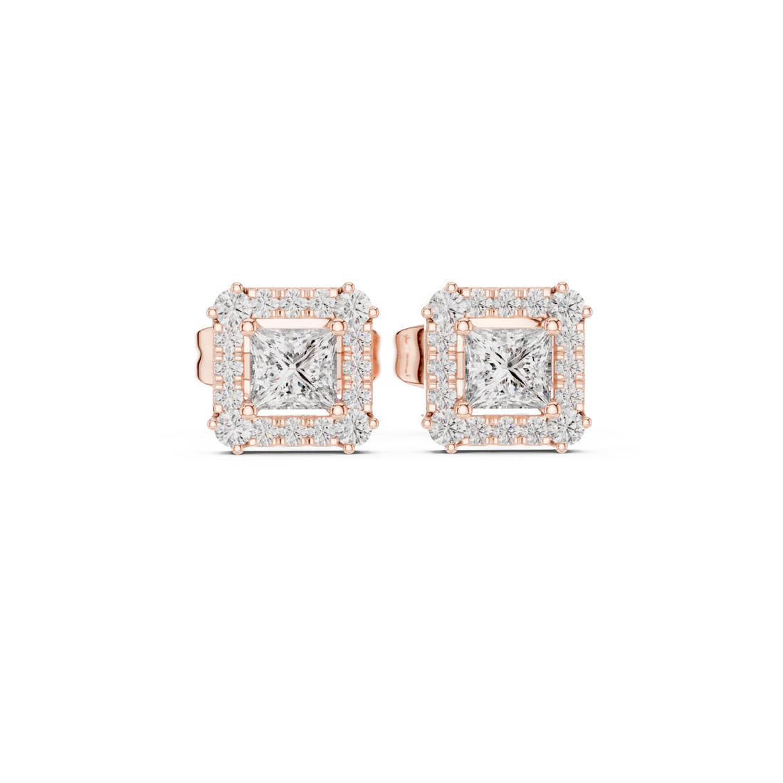  Rose Gold Radiant Halo Stud Princess Earrings Right View