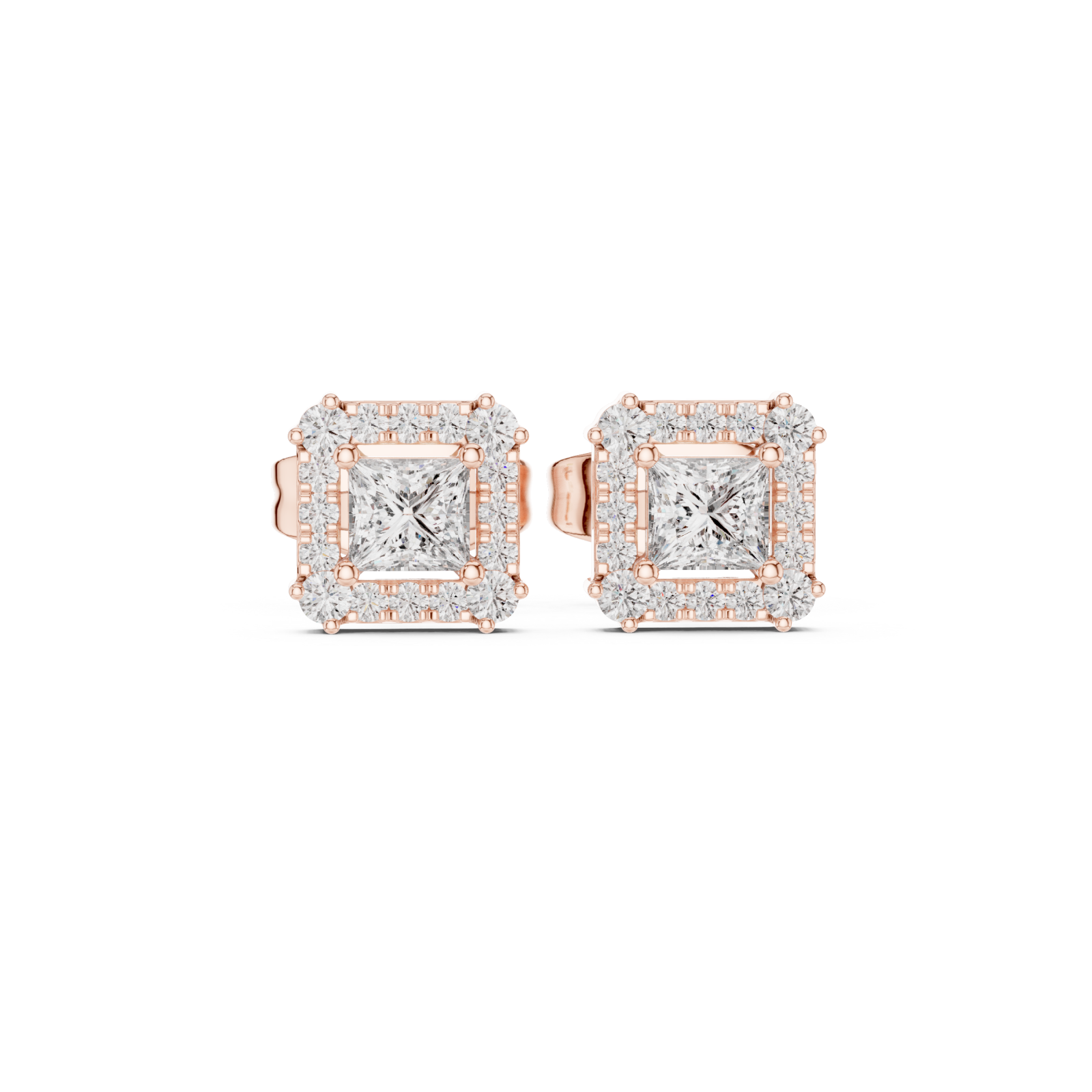  Rose Gold Radiant Halo Stud Princess Earrings Front View