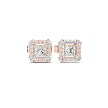  Rose Gold Radiant Halo Stud Princess Earrings Front View
