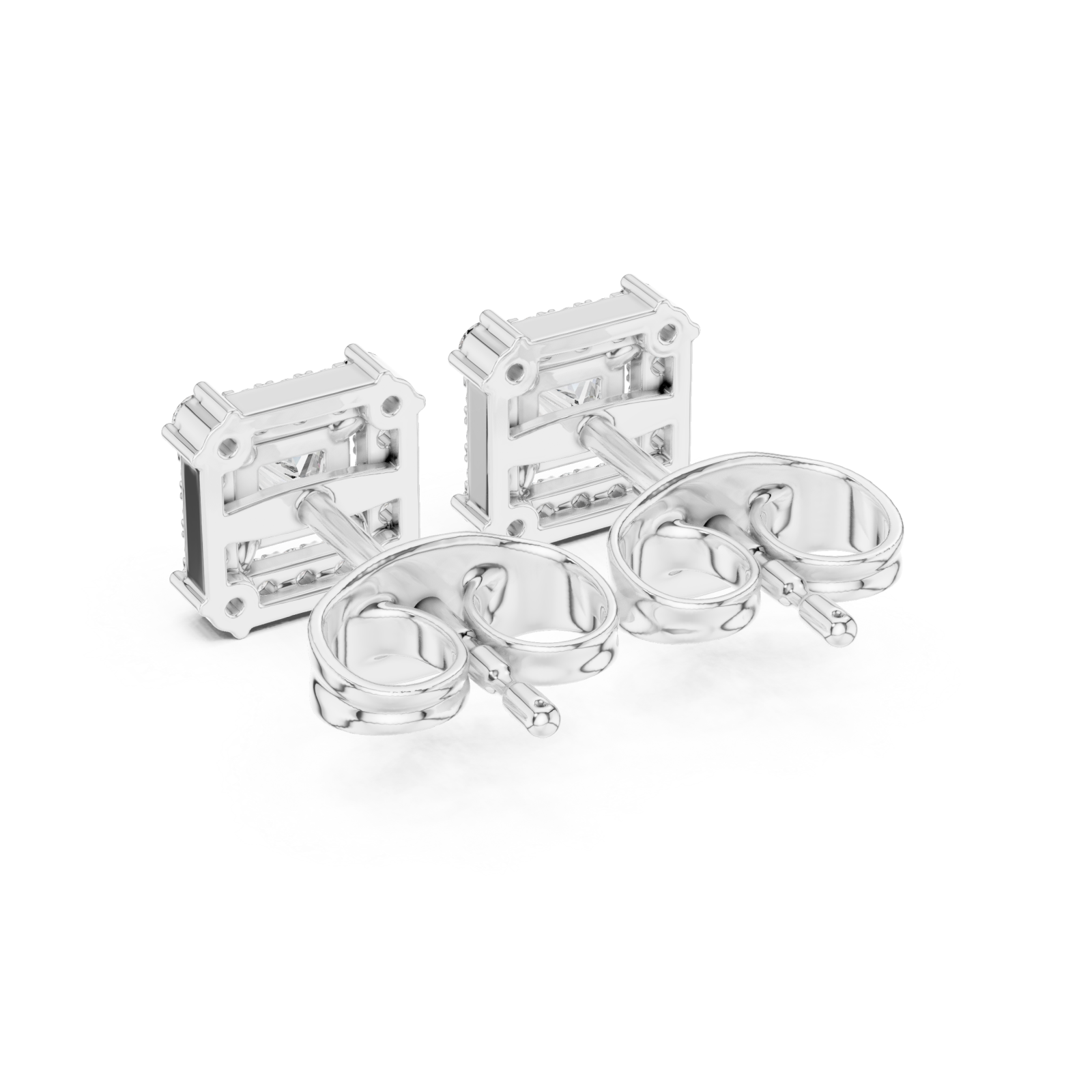  White Gold Radiant Halo Stud Princess Earrings Side View