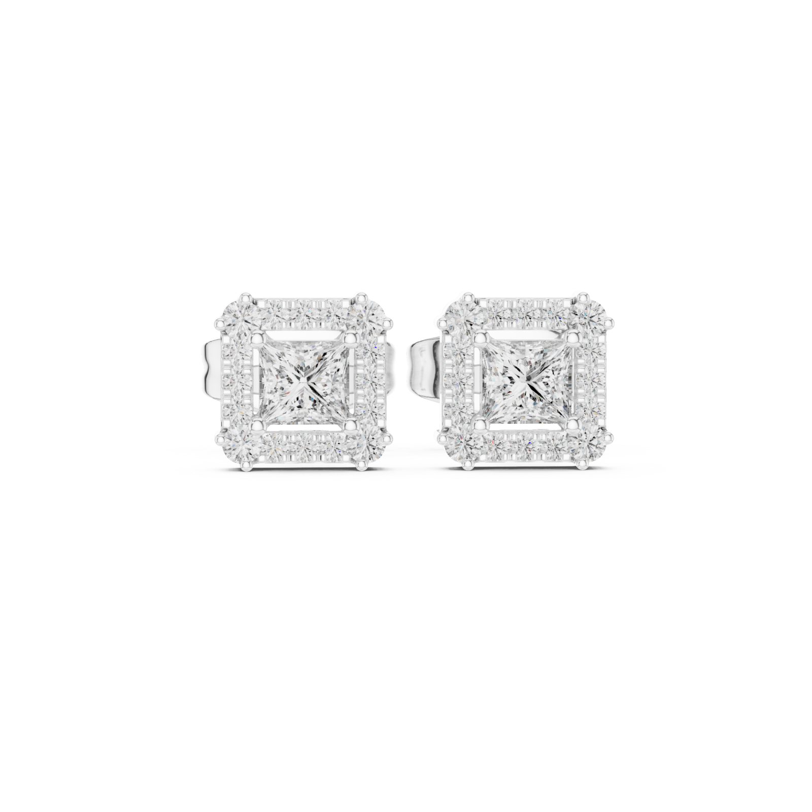 White Gold Radiant Halo Stud Princess Earrings Front View