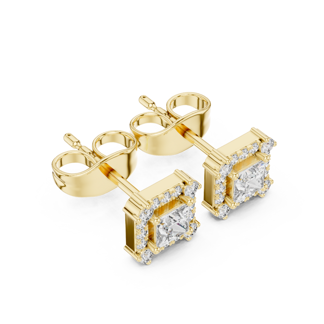 Gold Radiant Halo Stud Princess Earrings Right View